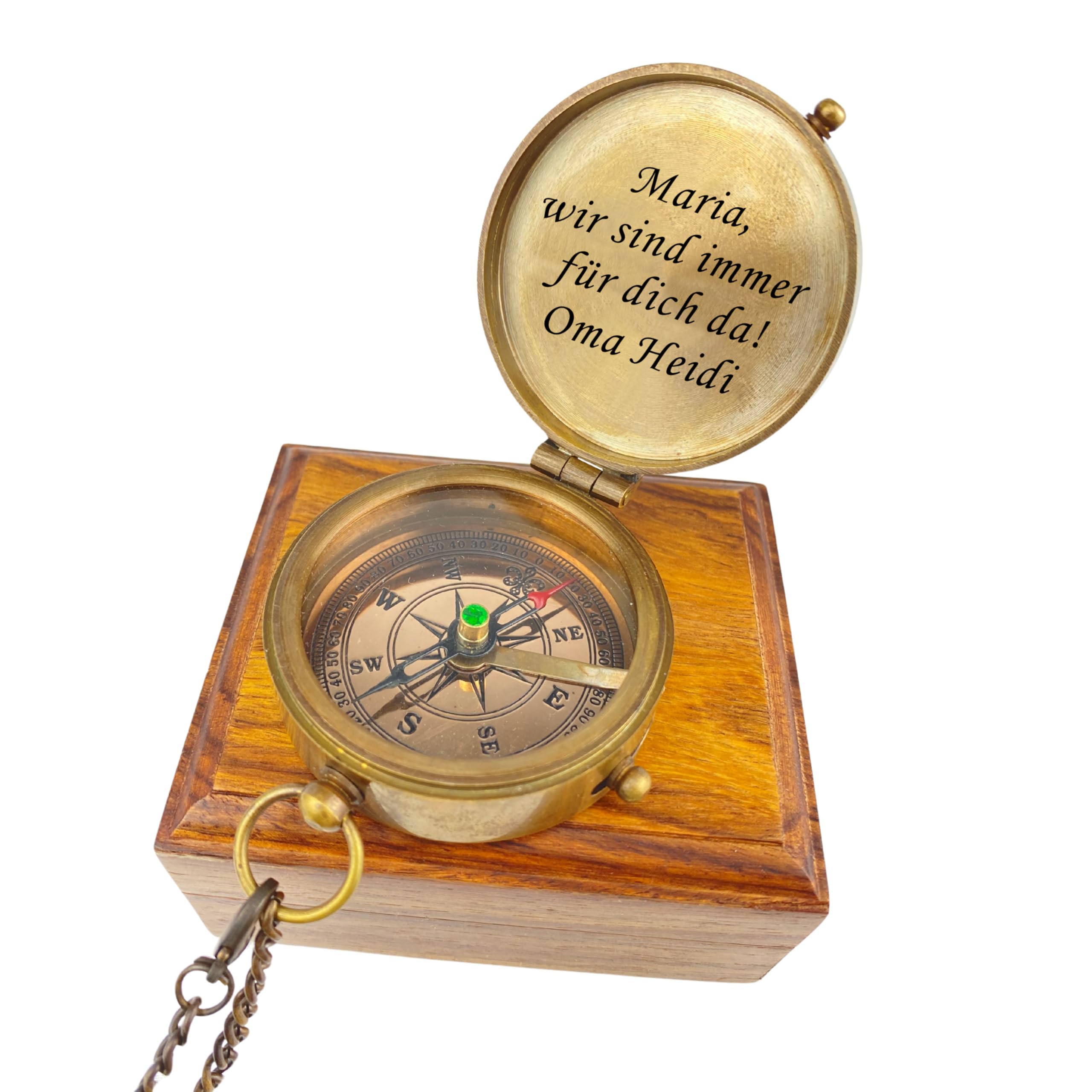 Personalisierter Kompass mit Gravur Wunschmotiv Weihnachten und Wunschtext Name Diverse Designs Messing Ledertasche Geschenkbox Geschenkidee (Vintage Optik)
