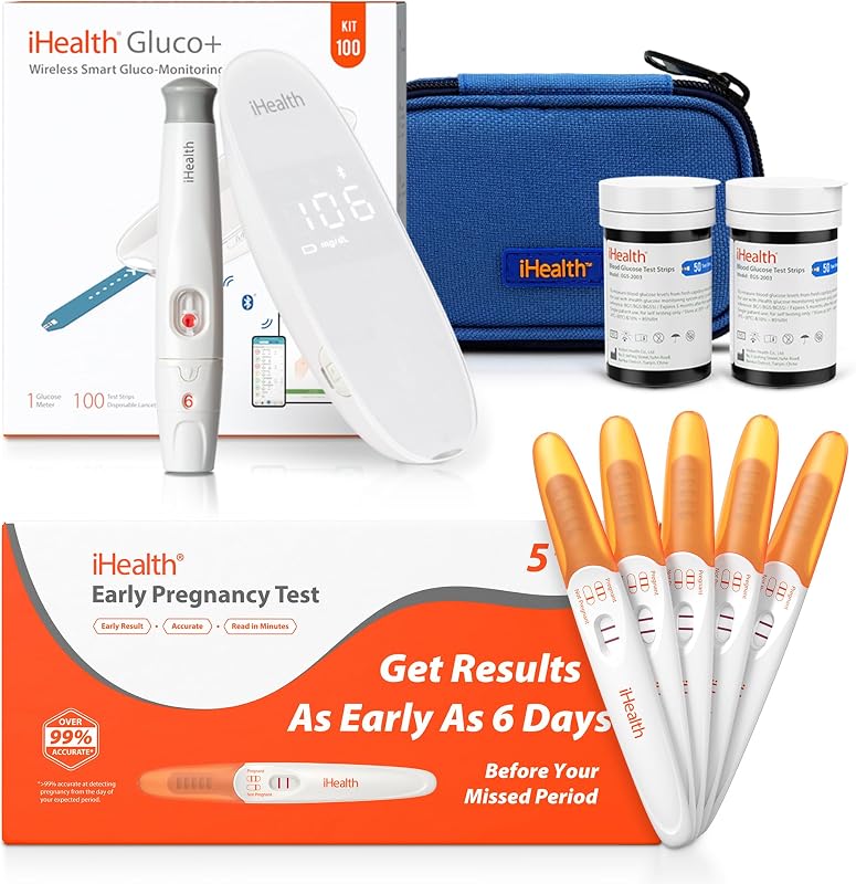Paquete de prueba de embarazo y control de azúcar en la sangre: kit de prueba de embarazo temprana, 5 pruebas y monitor de glucosa inteligente inalámbrico BG5S100 Gluco+ con aplicación gratuita – Pruebas duales en el hogar para mujeres con diabetes y fertilidad