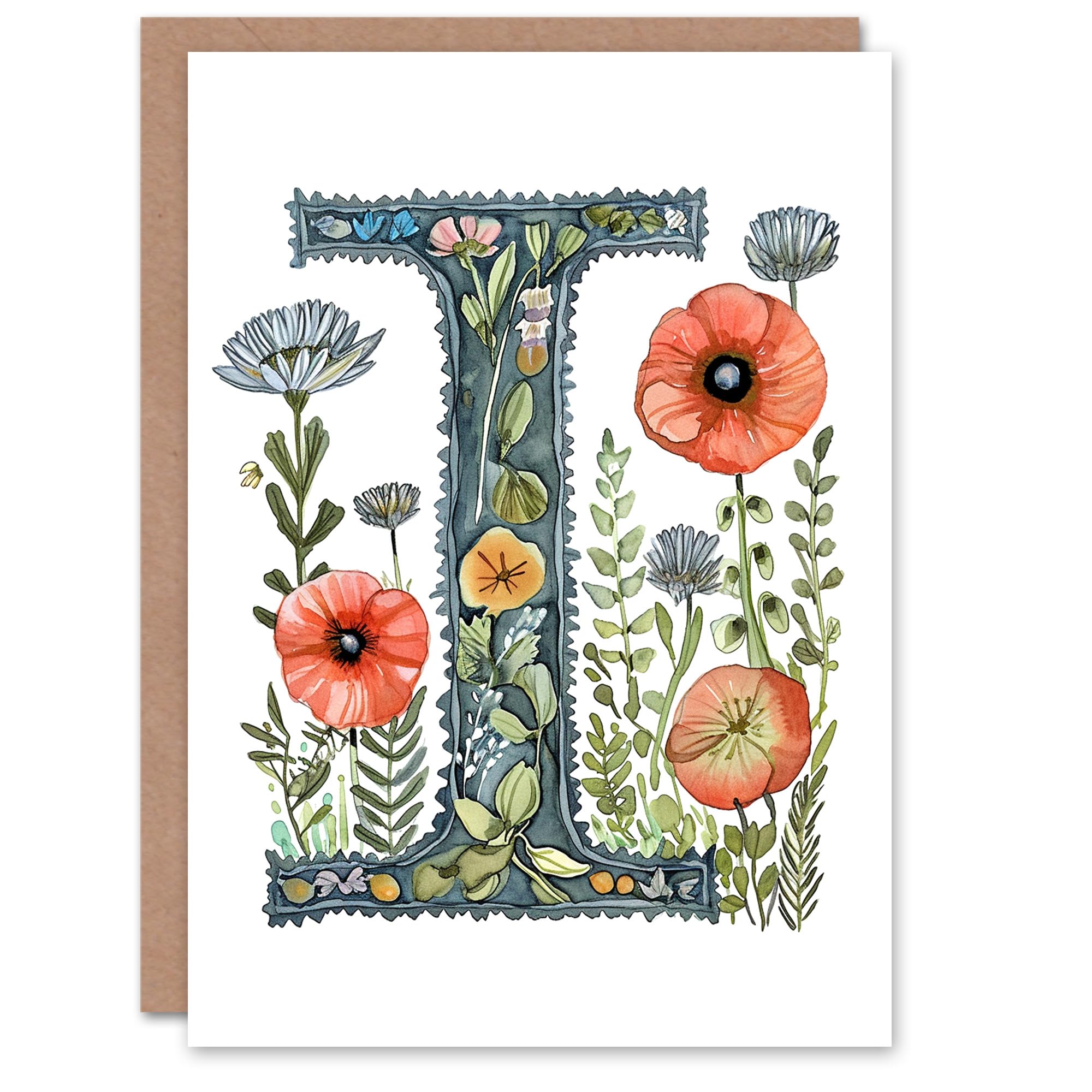 Artery8 Greeting Card Letter I in Watercolour Wildflowers Poppy Bouquet Floral Alphabet Florist For Her Birthday Mum Wife Woman Friend
