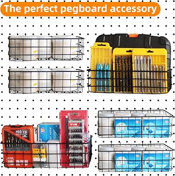 4 Pack Metal Pegboard Baskets Organizer Hooks for Garage Workshop