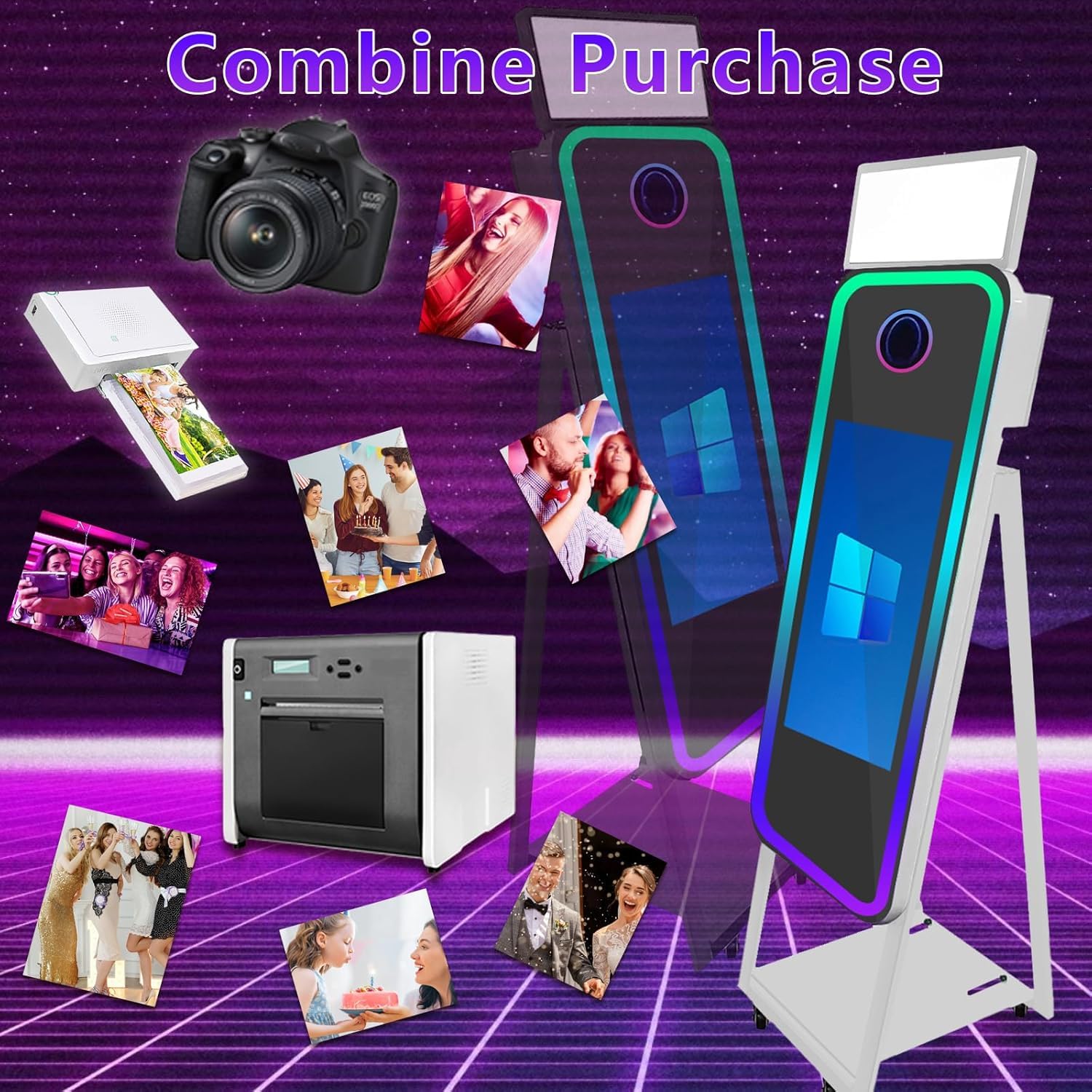 Magic Mirror Photo Booth con custodia portatile touch screen per selfie con luce ad anello, cornice LED RGB per eventi, noleggio, matrimoni, feste (nero + stile B, macchina+fotocamera)