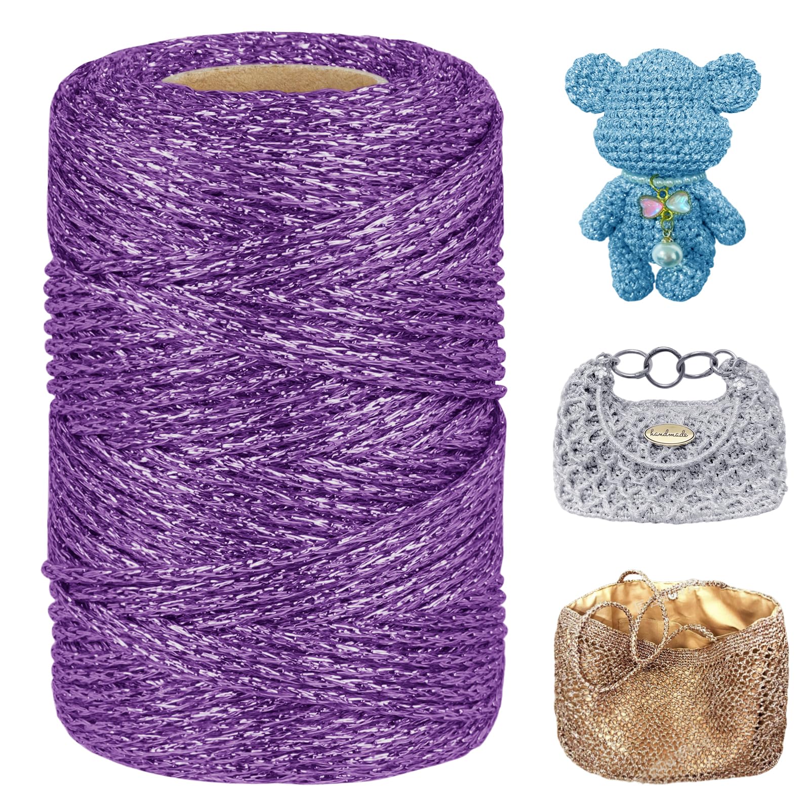 LEREATI Metallic Glitter Yarn 3mm x 109 Yards Polyester Macrame Cord Sparkle Crochet Yarn for Crocheting and Knitting Handbag, Hat, Basket, DIY Crafts (Purple)