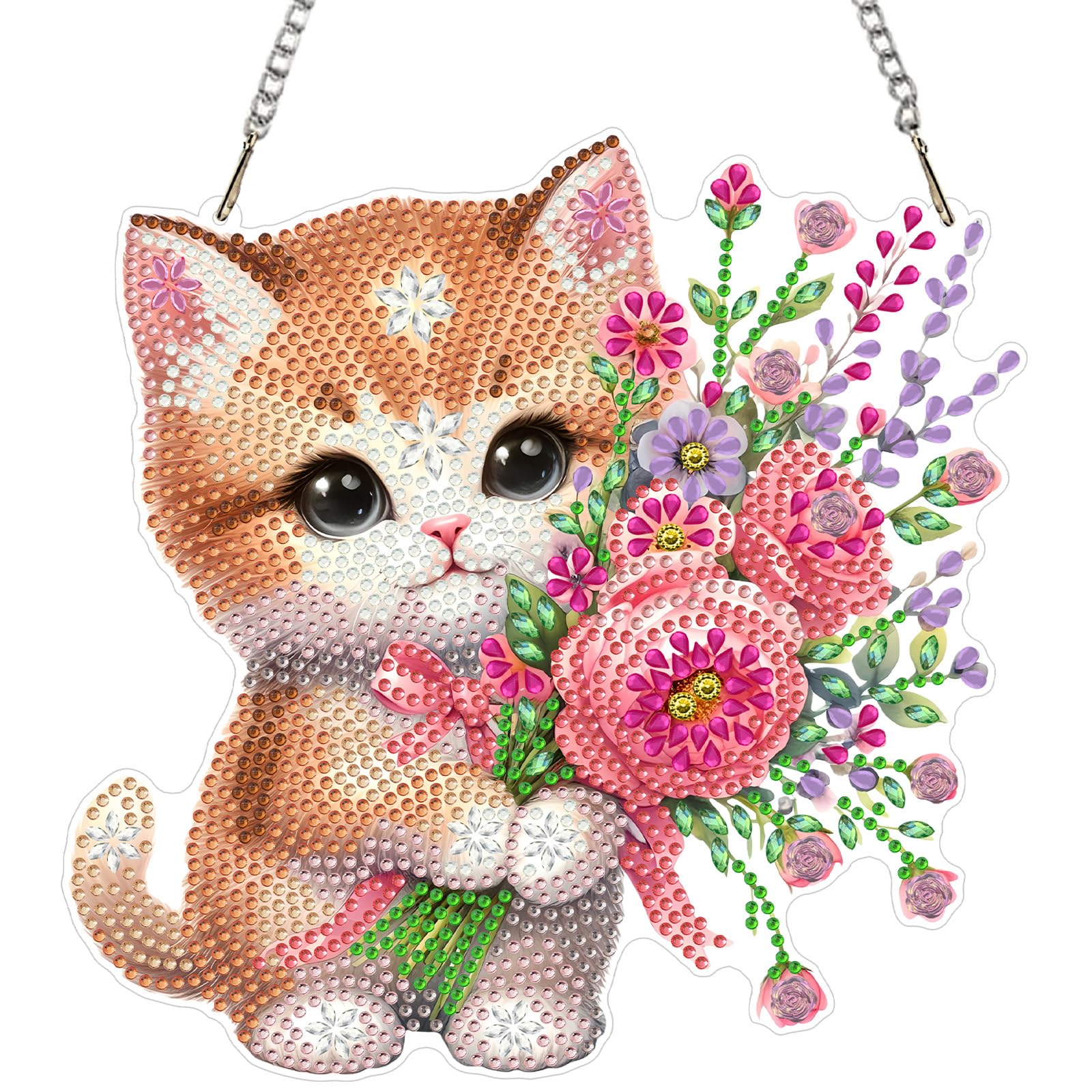 NEWENMO 5D Cute Cat Diamond Painting Hanging,Colorful Flowers Diamond Art Hanging Ornament Kits,Crystal Rhinestone Acrylic Gem Art Pendant Ornaments,for Windows,Walls,Doors and Garden Decoration