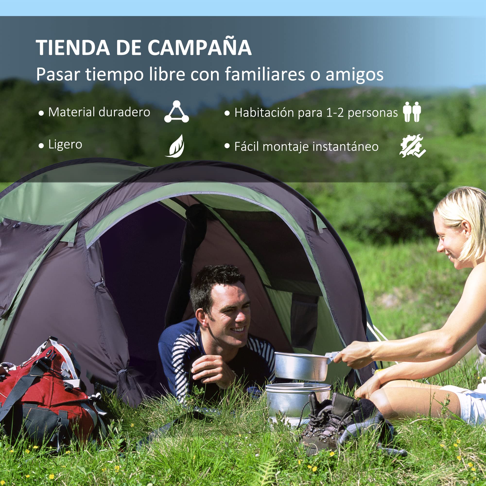 Outsunny Tienda de Campaña Pop-up Impermeable 3000 mm Anti-UV 250x150x100cm para 1-2 Personas Verde