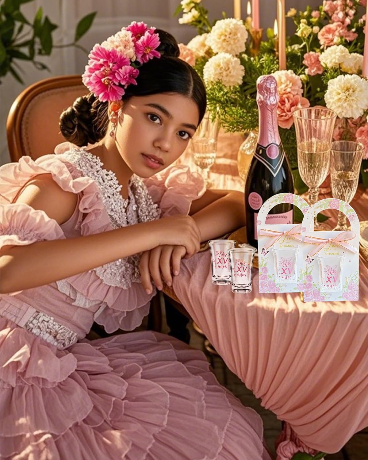 Quinceanera Party Favors for Guests: 50 Sets 1.18oz/35ML Acrylic Shot Glasses Bulk With Gifts Boxes for Mis Quince Años Quinceanera Sweet 15 Birthday Party Favors (Pink)