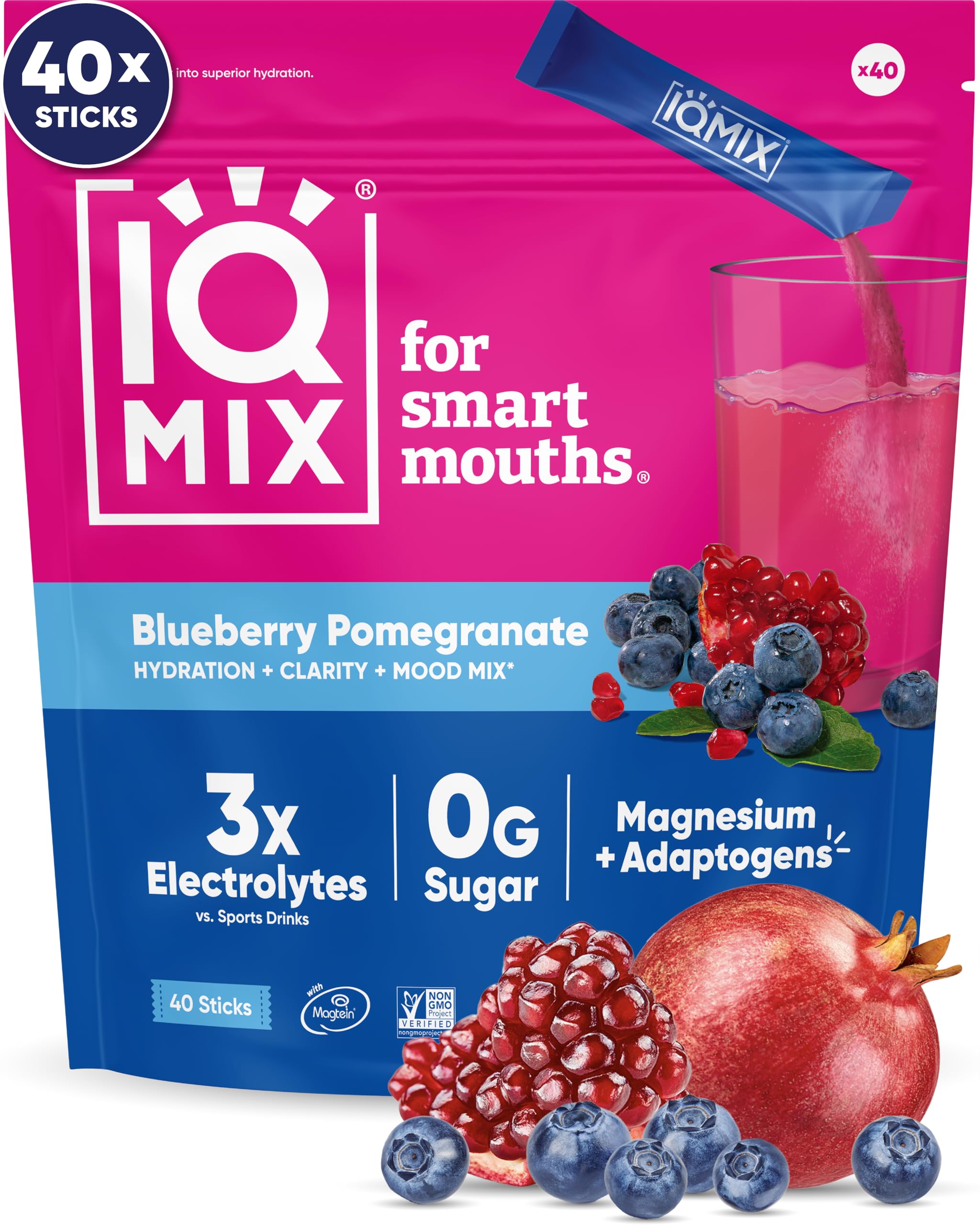 IQMIX Hydration Electrolyte Powder – 4-in-1 Formula for Hydration, Mental Clarity, Mood and Recovery – Sugar-Free Drink Mix, Keto, Magnesium L-Threonate, Lion’s Mane – 40 Count Blueberry Pomegranate