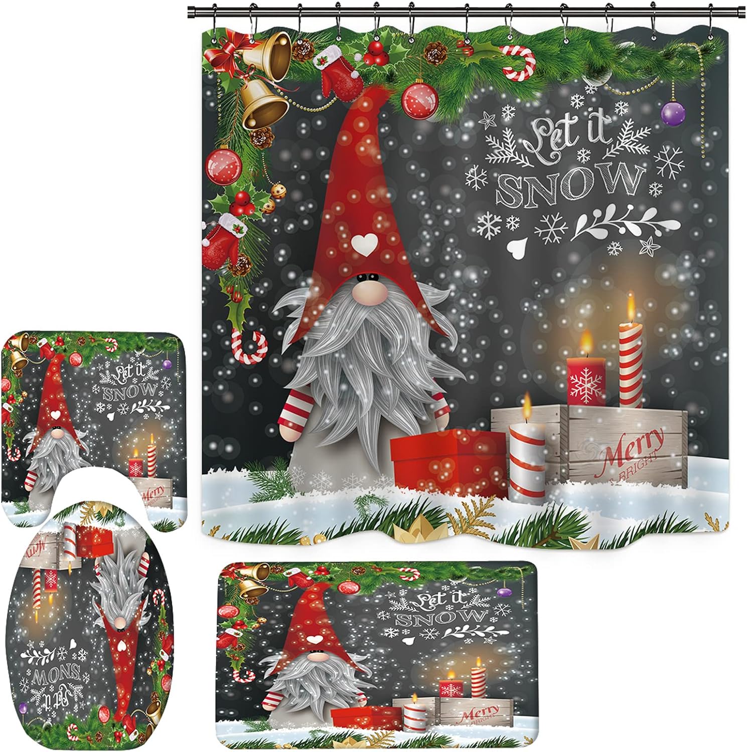 Christmas Gnome Shower Curtain Set for Bathroom, Vintage Christmas Bathroom Sets with Shower Curtain and Rugs, Xmas Themed Snowflake Shower Curtain Set with Bath Mat, Toilet Cover (G3)