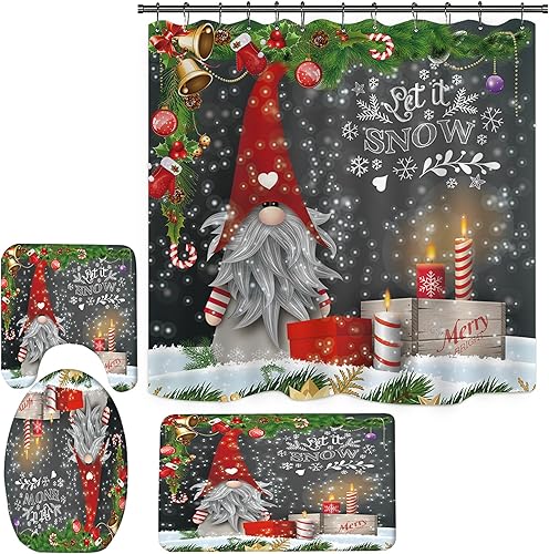 Juego de cortinas de ducha de gnomo navideño para baño, juegos de baño vintage de Navidad con cortina de ducha y alfombras, juego de cortinas de
