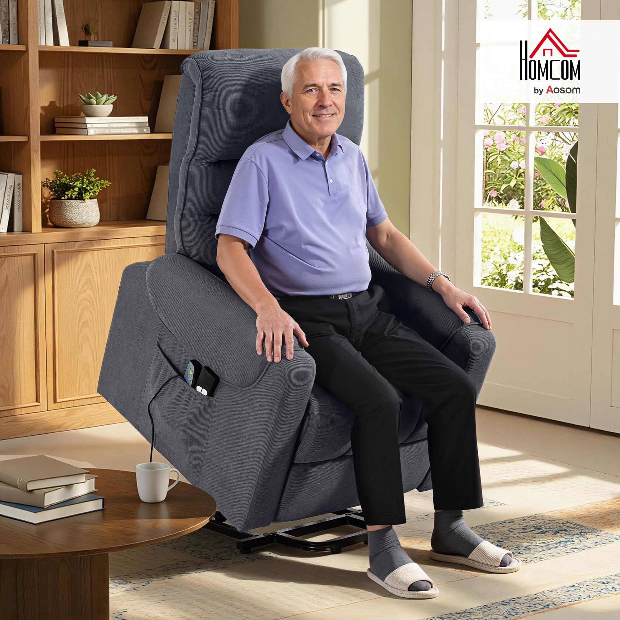 HOMCOM Sillón Relax Reclinable Eléctrico Levanta Personas, 8 Puntos de Masaje, 2 Controles Remotos, Gris