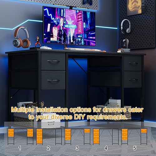 Miniatura 4 de Escritorio para computadora Grandder con 4 cajones, escritorio de oficina de 47 pulgadas con almacenamiento, escritorio para juegos con estantes