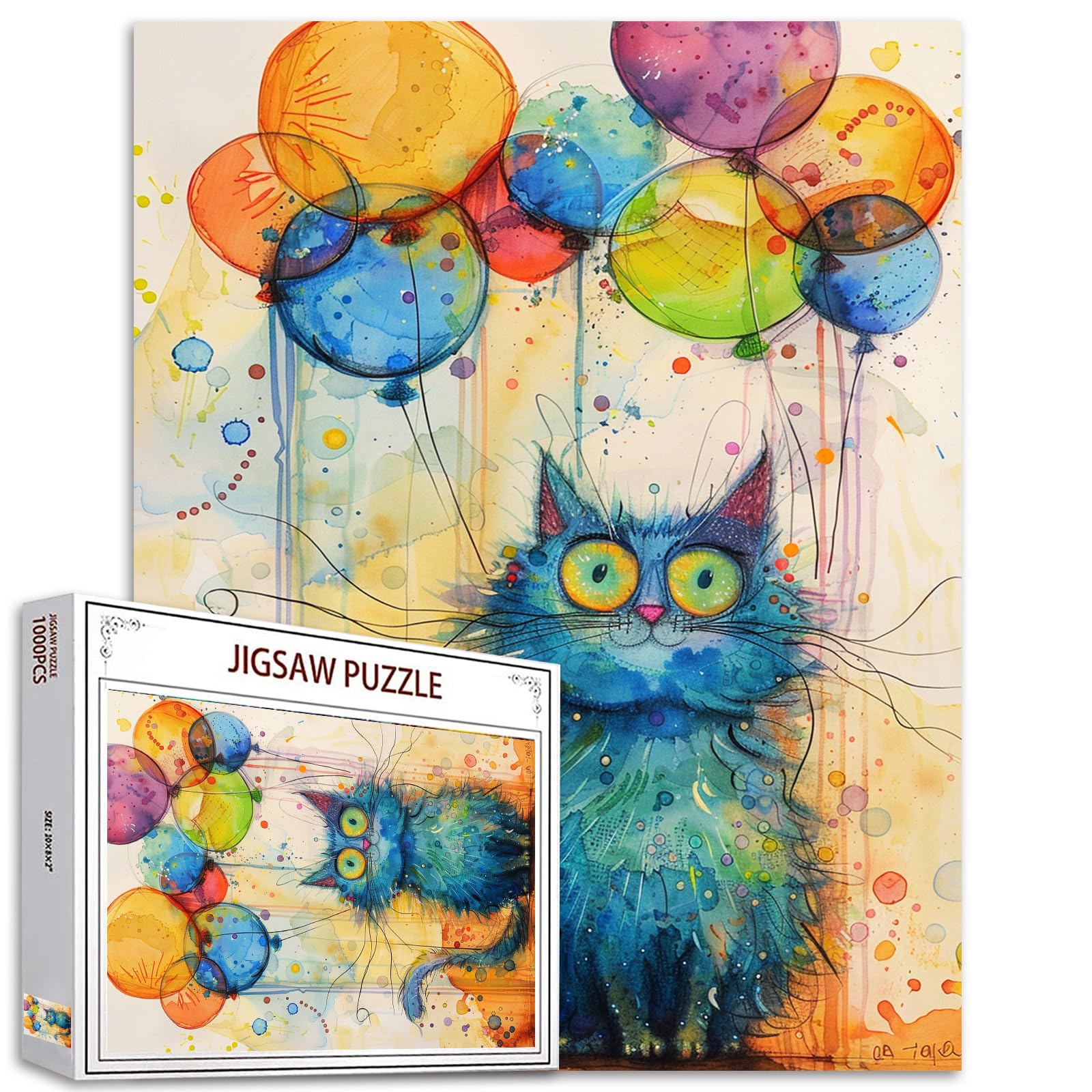Tucocoo 1000 Piece Puzzle for Adults - Abstract Blue Cat Painting - Colorful Balloons - Family Challenge - Watercolor - Do-It-Yourself