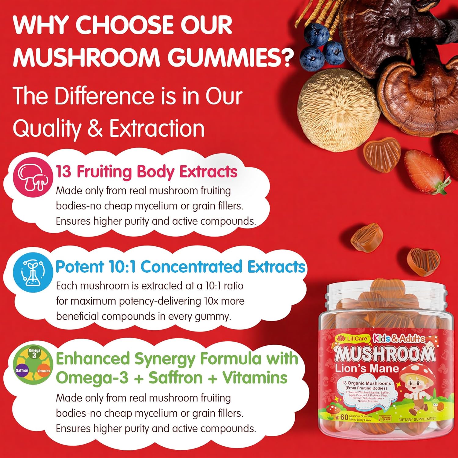 Kids, Teens & Adults Focus Gummies - Lions Mane Mushroom + Saffron + Algae Omega-3, 24-IN-1 Attention Supplement with Chaga, Magnesium, Methylated B12, B6 for Brain, Memory, Energy, Sugar Free, 60Cts