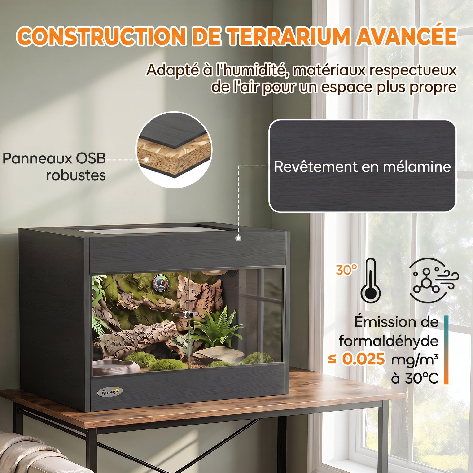 PawHut Terrario per rettili ad alta resistenza per geco 60x45x45cm Nero | Porte vetro scorrevoli, chiusura sicurezza, ventilazione sup., vivario rettili, recinto tarantola, drago barbuto, serpente