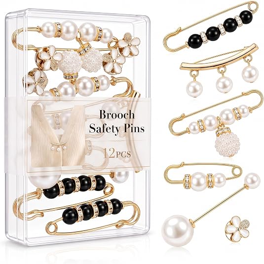 Brooch Safety Pins for Women, Decorative Pearl Pins for Clothes, Pant Waist Tightener for Jeans, Fashion Sweater Shawl Clips and Cover Up Buttons Clothing Accessories