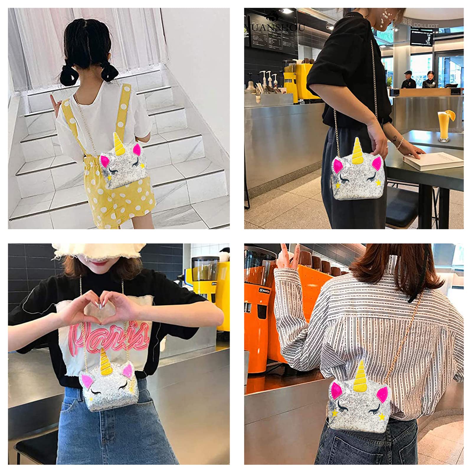 Borsa a Tracolla unicorno, Borsa Unicorno Bianco, Simpatica borsa a tracolla con unicorno, Adatta per Rossetto, Cosmetici, Pettine, Fazzoletto e altri Piccoli Cosmetici (D'argento)