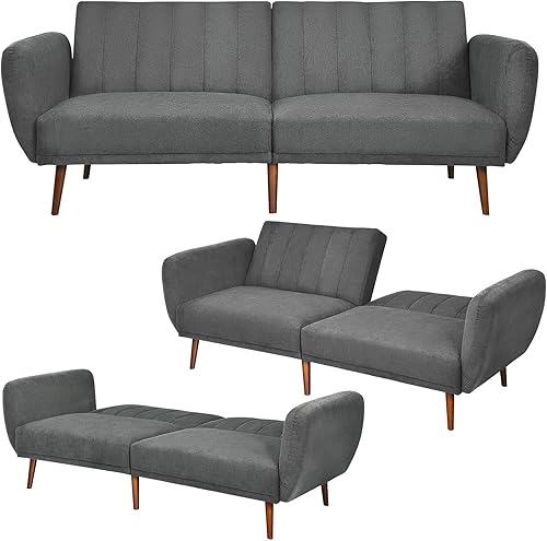 Miniatura 8 de KOMFOTT Sofá cama futón convertible, sofá biplaza de tela de lino moderno con respaldo dividido y ajustable, 6 patas de madera maciza, esponja de