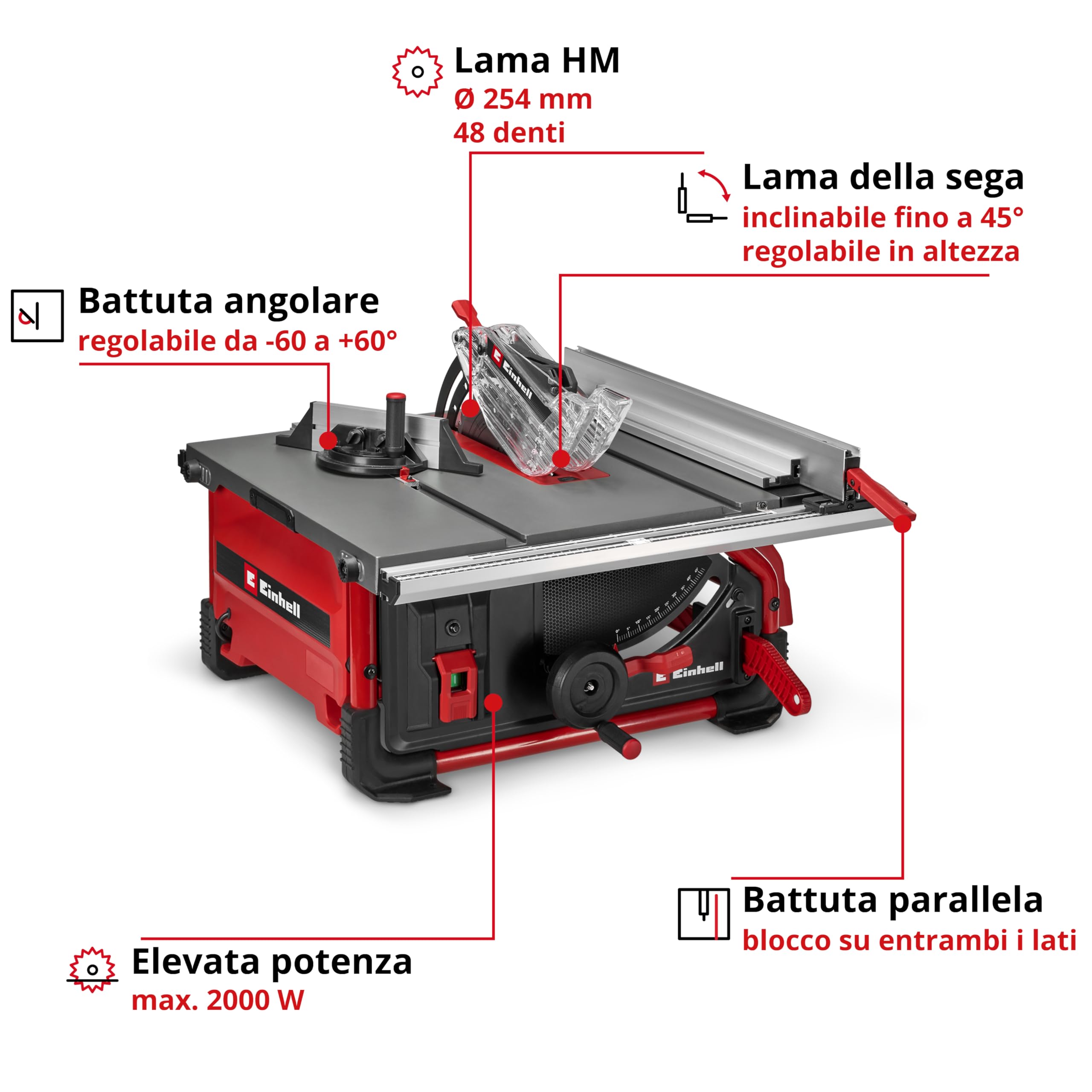 Sega circolare da banco Einhell TE-TS 10 T (2000 W, altezza di taglio 89 mm, lama Ø 254 mm, allargatore da tavolo, guida angolare, guida parallela, asta di spinta, attacco di aspirazione)