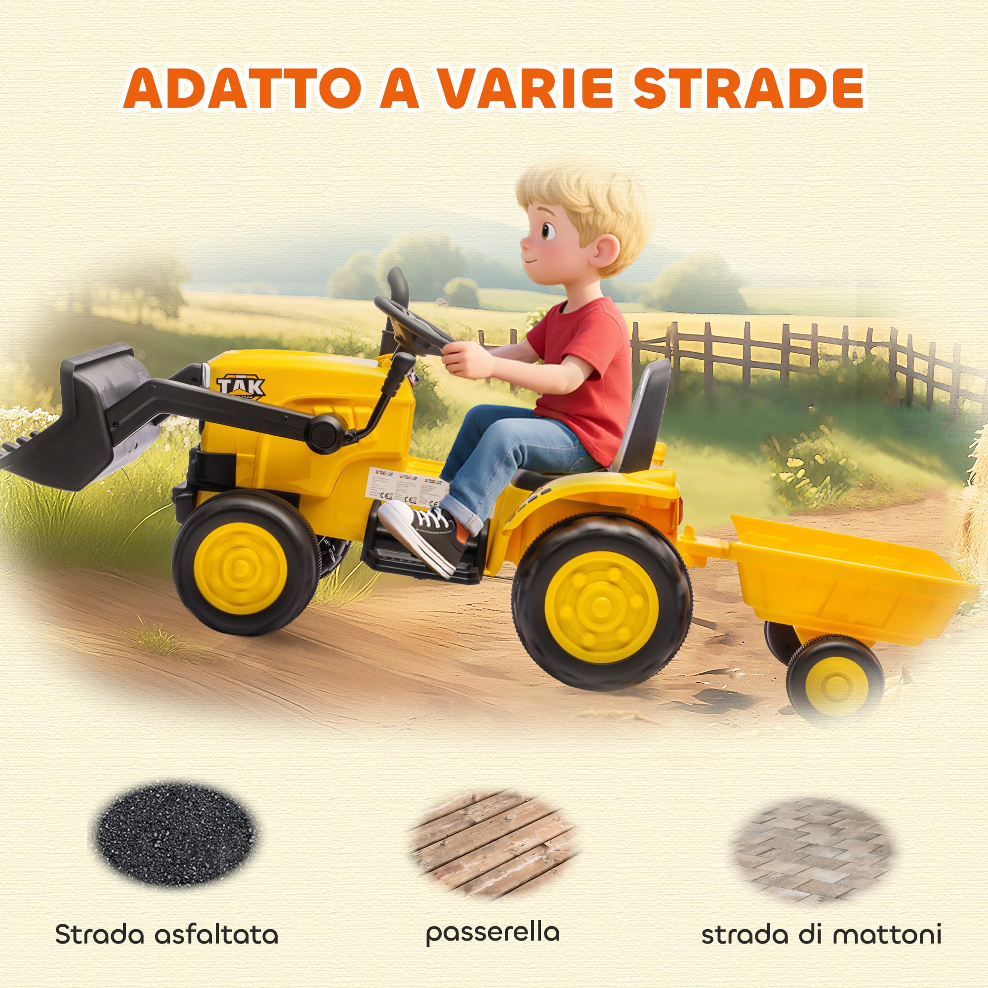 AIYAPLAY Escavatore per Bambini Elettrico 12V con Benna e Rimorchio Staccabile, Trattore Elettrica Cavalcabile con 2 Motori, Telecomando, Connessione Wireless, USB, Luci e Musica, 3-8 Anni, Giallo