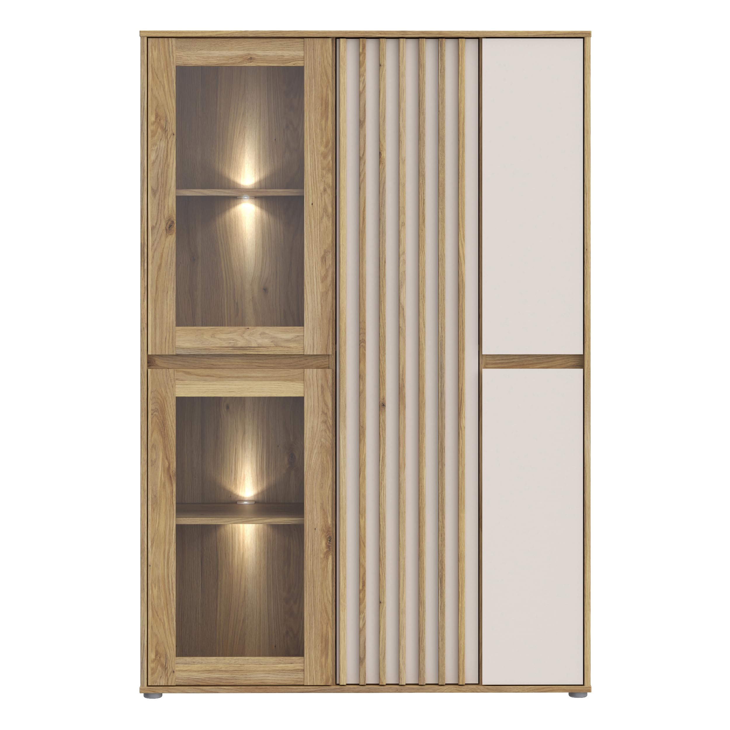 Forte ELISTON Vitrine 100 110, moderner Schrank mit Lamellendesign, 5-türig, Wohn-/Schlafzimmer, Mauvella Eiche Holzdekor|Kashmir Beige, 109,3 cm breit x 161,7 cm hoch x 41,5 cm tief