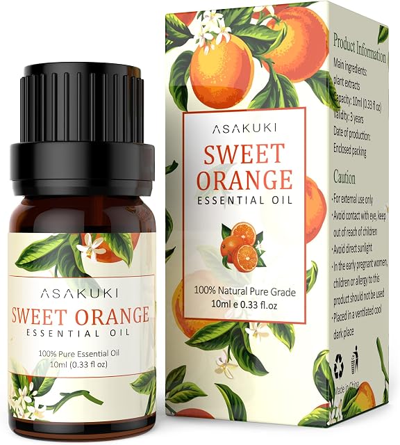 ASAKUKI Sweet Orange Essential Oil 10ml, 100% Natural Essential Oils, Organic Aromatherapy Essential Oil, Scented Oils for Diffuser, Humidifier, Perfect Gifts