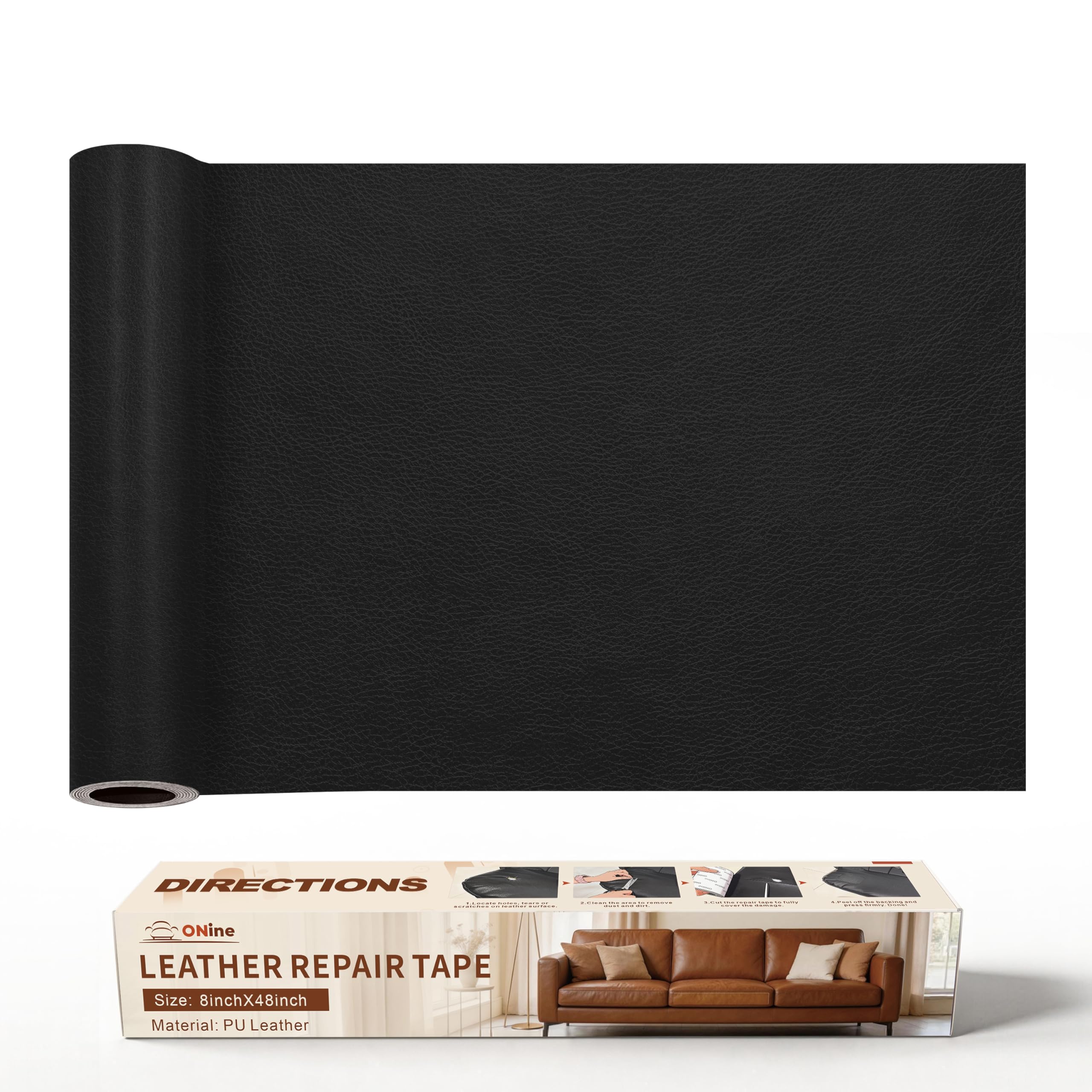 ONine Leather Repair Patch，Leather Repair Tape, 8 x 48 inches Leather Repair Patch for Furniture,Vinyl Repair kit，Leather Couch Patch，for Sofas, Furniture, car Seats(Black)