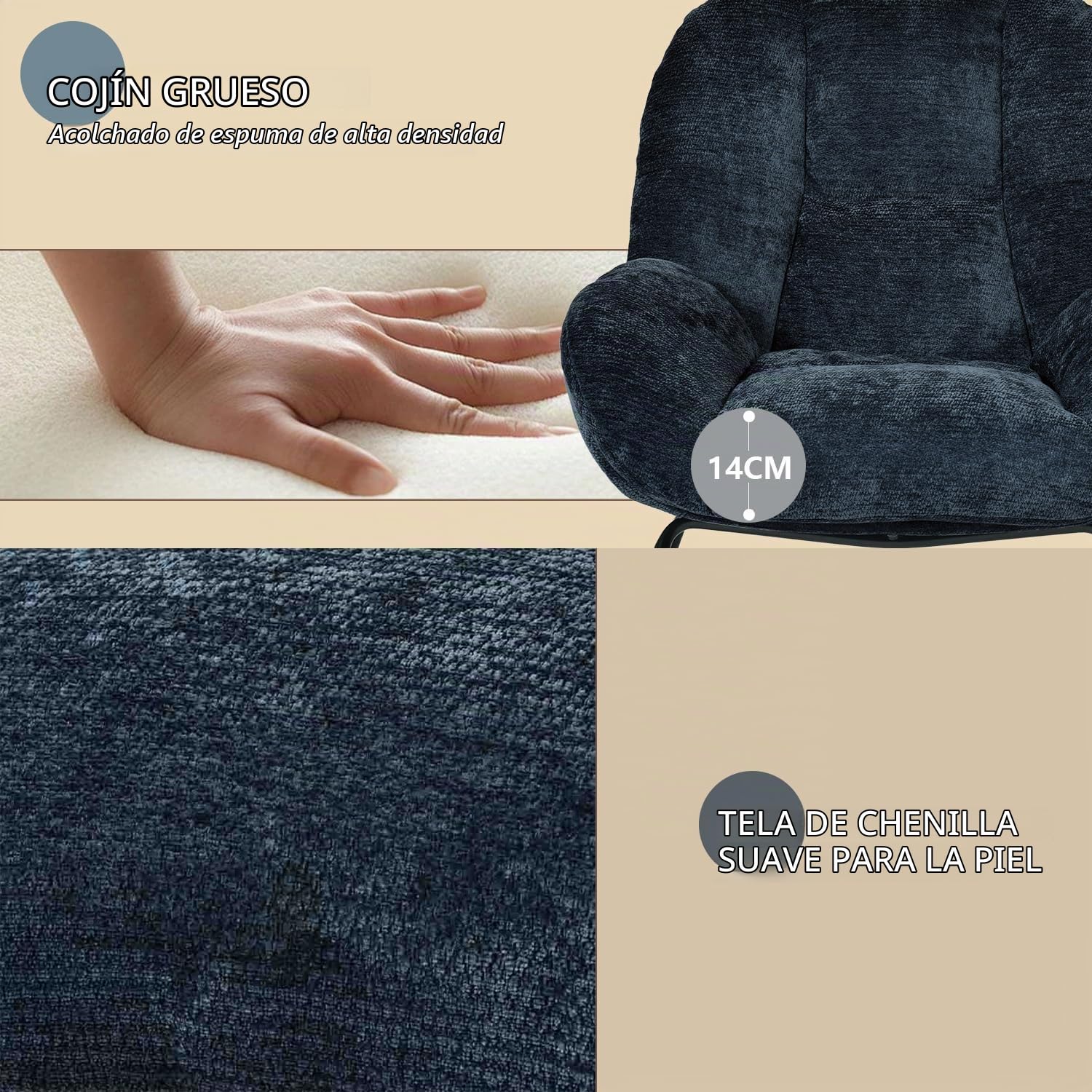 MEUBLE Cosy Sillas Mecedora Escandinavo Sillón Relax Especial Lactancia para Salón Dormitorio Lectura Sala de Estudio, Asiento Extra Ancho en Tela Chenilla, Azul