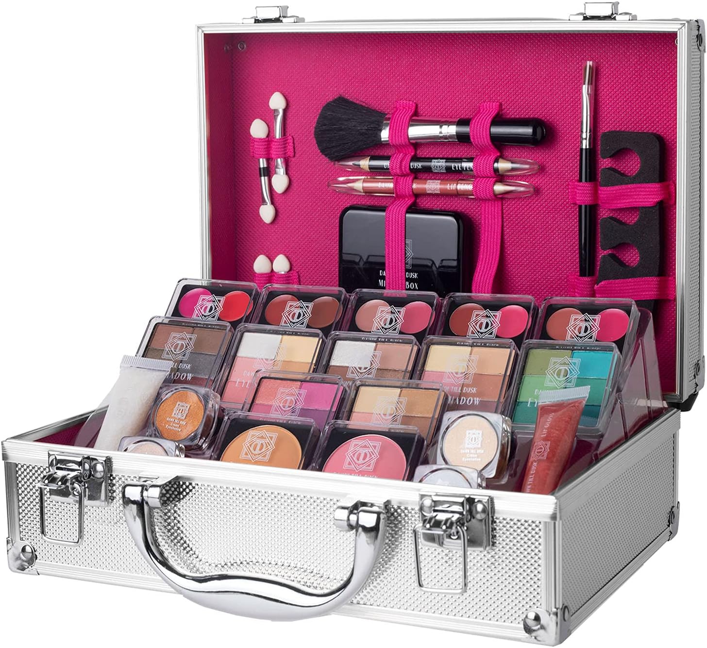 80 Pieces Makeup Set with Travel Vanity Box by Envie, Includes Eyeshadow Palette, Lip Gloss, Lipsticks, Manicure Set, Makeup Brushes, Compact Mirror and Much More - (Silver)