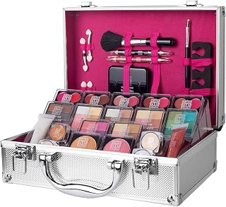80 Pieces Makeup Set with Travel Vanity Box by Envie, Includes Eyeshadow Palette, Lip Gloss, Lipsticks, Manicure Set, Makeup Brushes, Compact Mirror and Much More - (Silver)