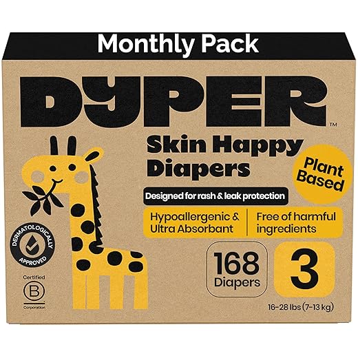 DYPER Viscose from Bamboo Baby Diapers Size 3 | Honest Ingredients | Cloth Alternative | Day & Overnight | Made with Plant-Based* Materials | Hypoallergenic for Sensitive Newborn Skin, Unscented 168Ct