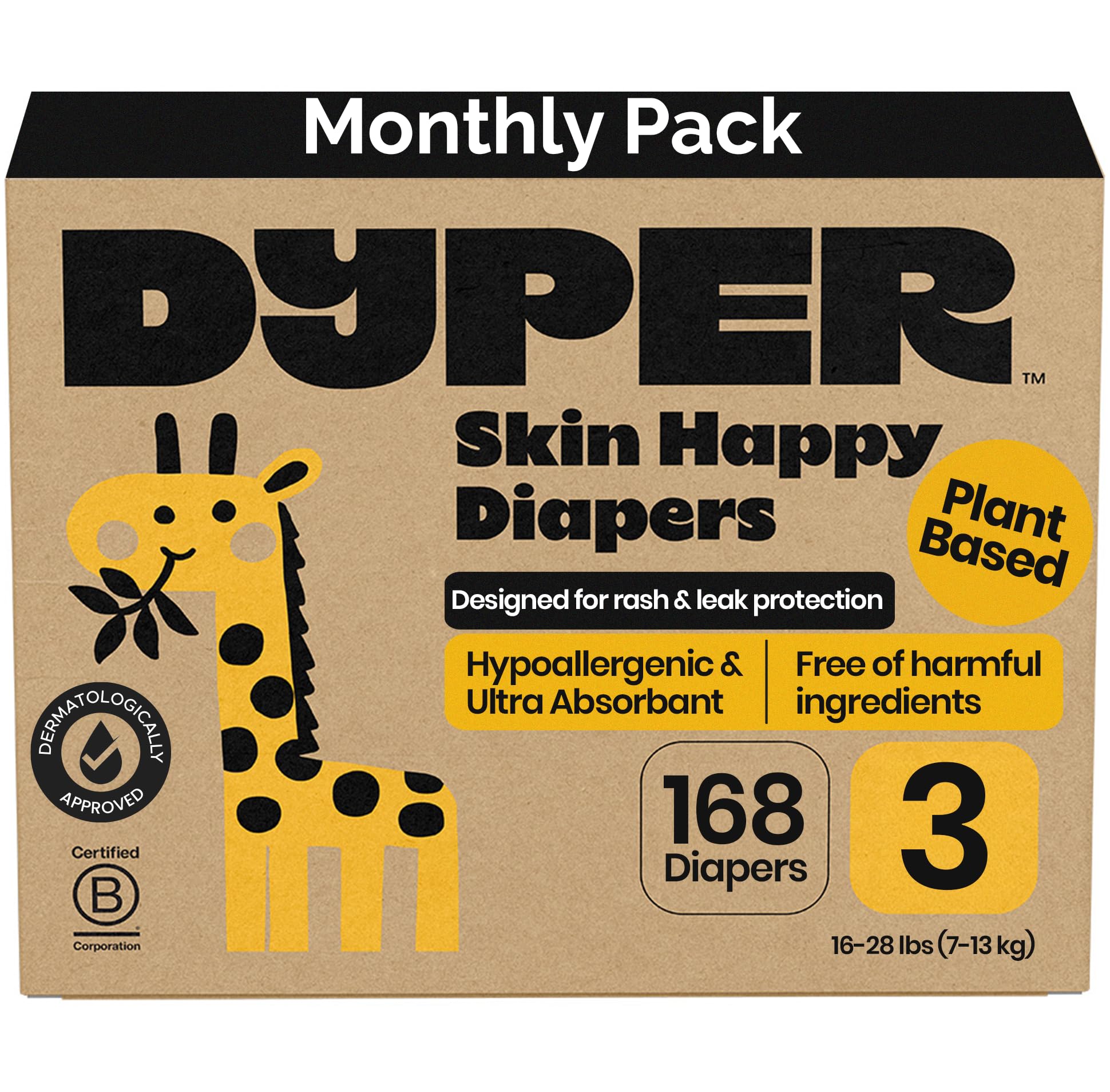 DYPER Monthly Pack Baby Diapers Size 3 (168 Count) - Leak-Proof & Plant Based, Hypoallergenic, Fragrance Free & Ultra Absorbent Size 3 Diapers for Day and Overnight Skin Protection