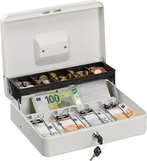Relaxdays Lockable Cash Box Caja para Dinero con Cerradura (8,5 x 30,5 x 24,5 cm), Color Azul, Plástico, 70% Hierro, 10% acero, H x W x D: 8.5 x 30.5 x 24.5 cm