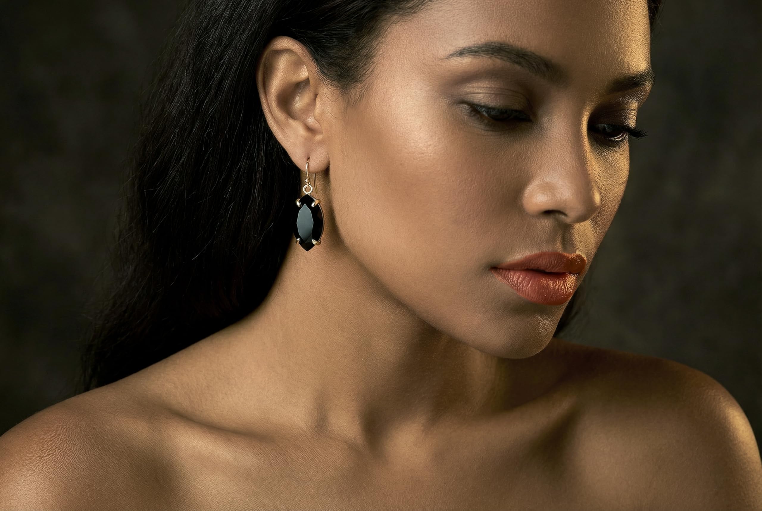 Pendientes de Ónix Negro Marquesa - Pendientes Largos de Oro - Pendientes de Piedra Negra - Pendientes Colgantes de Oro - Exquisitos Pendientes Colgantes para Mujer