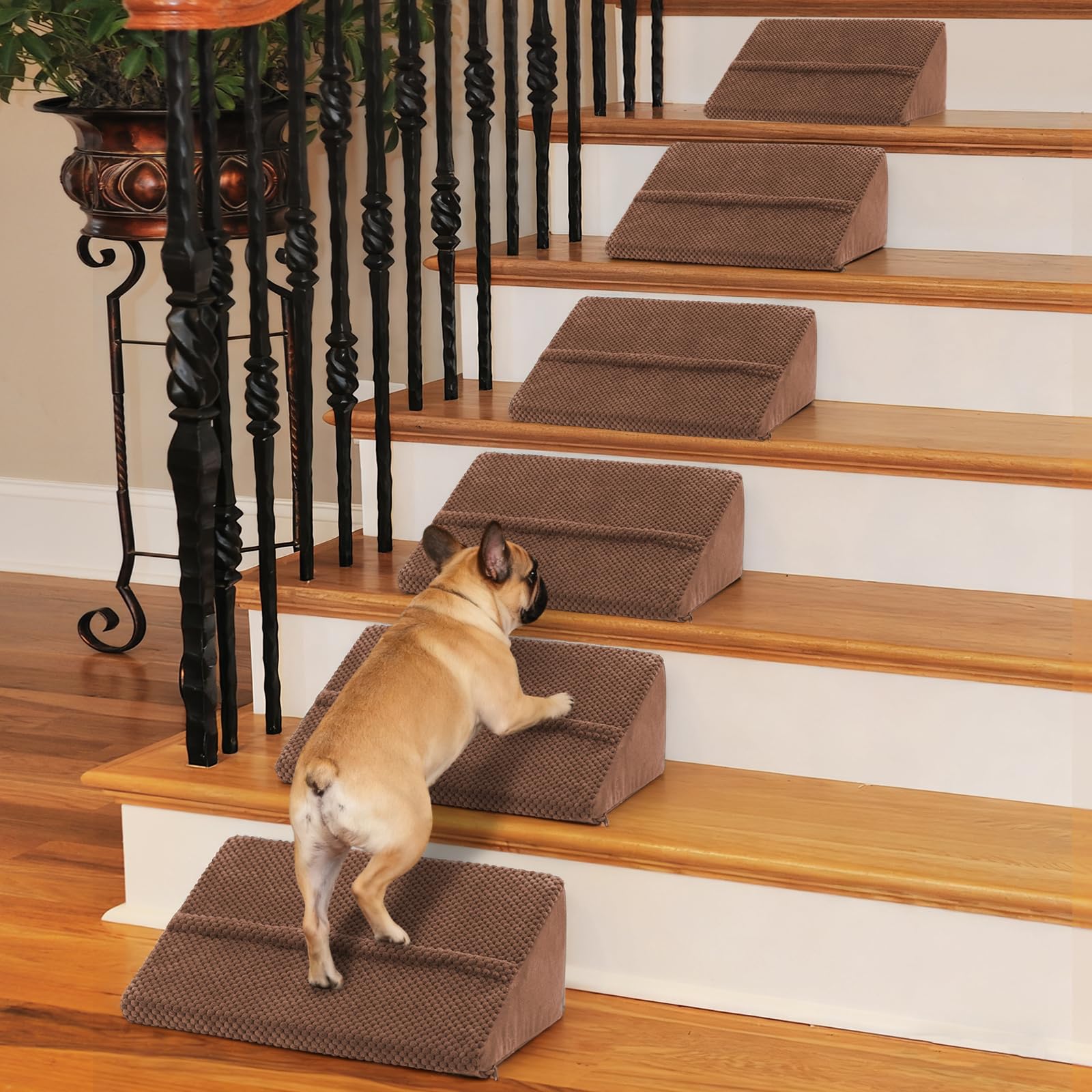 Photo 1 of 40D Density Foam Dog Ramp with Anti-Slip Bump for Stairs Suits for Small Dogs Cats, Pet Ramp Steps Stairs for Staircase Indoor with Self-Sticky Pads to Fix(6Pack, Brown)
