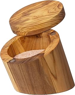 Totally Bamboo Rock & Branch Olive Wood Angled Salt Cellar Storage Box with Magnetic Swivel Lid, 3.8 Ounce Capacity