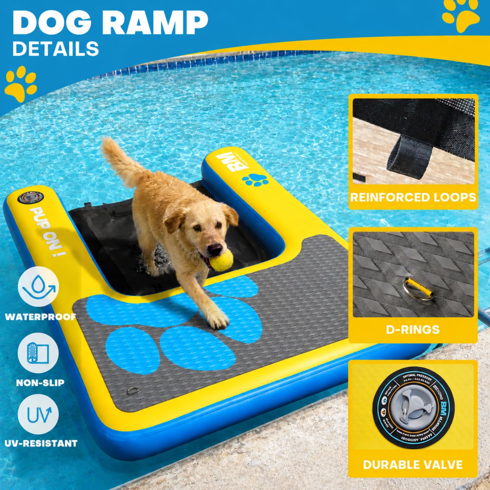 Beyond Marina Rampa de piscina para perros, rampa inflable para agua y barco para lago, escalera flotante de muelle de pontón con EVA antideslizante, estándar PUP ON, extragrande 59 x 47 x 6 pulgadas