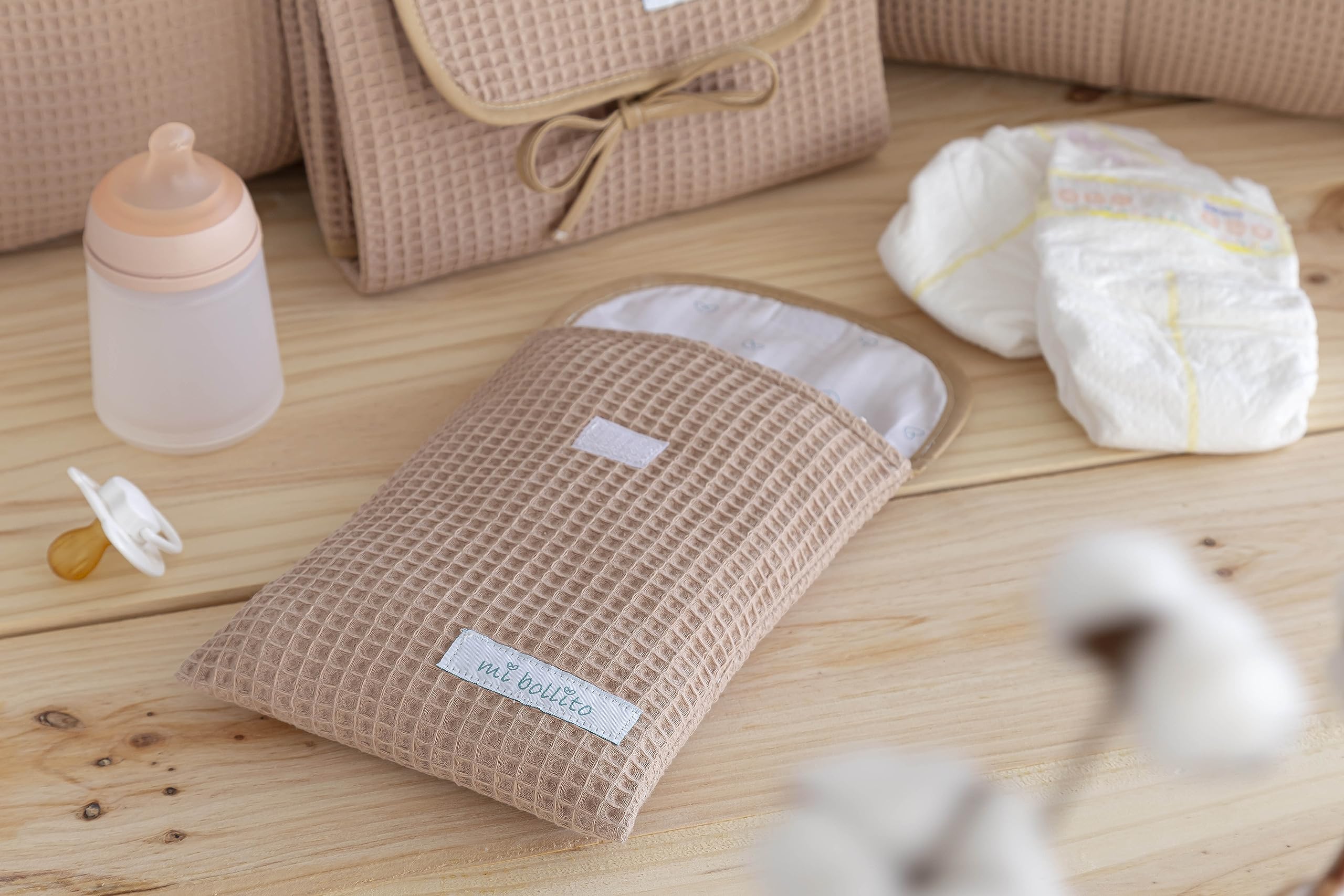 mi bollito Organiser bag for diapers and baby wipes 100% cotton waffle fabric, quick Velcro closure, practical and stylish - Image 3