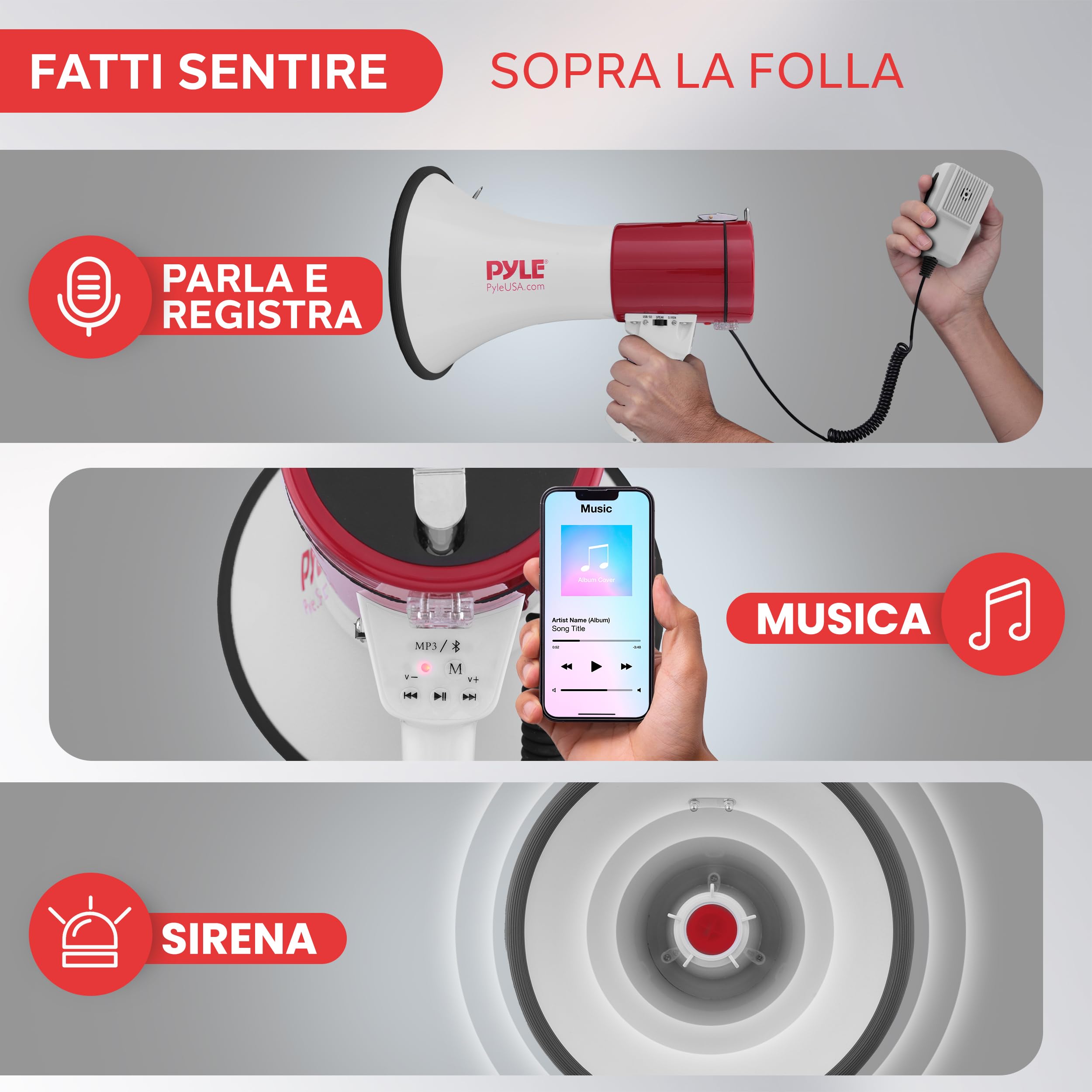 Pyle Megafono Portatile 50 Watt con Sirena, Volume Regolabile e Raggio 1100 Metri, Megafono per Eventi, Sport e Annunci Pubblici