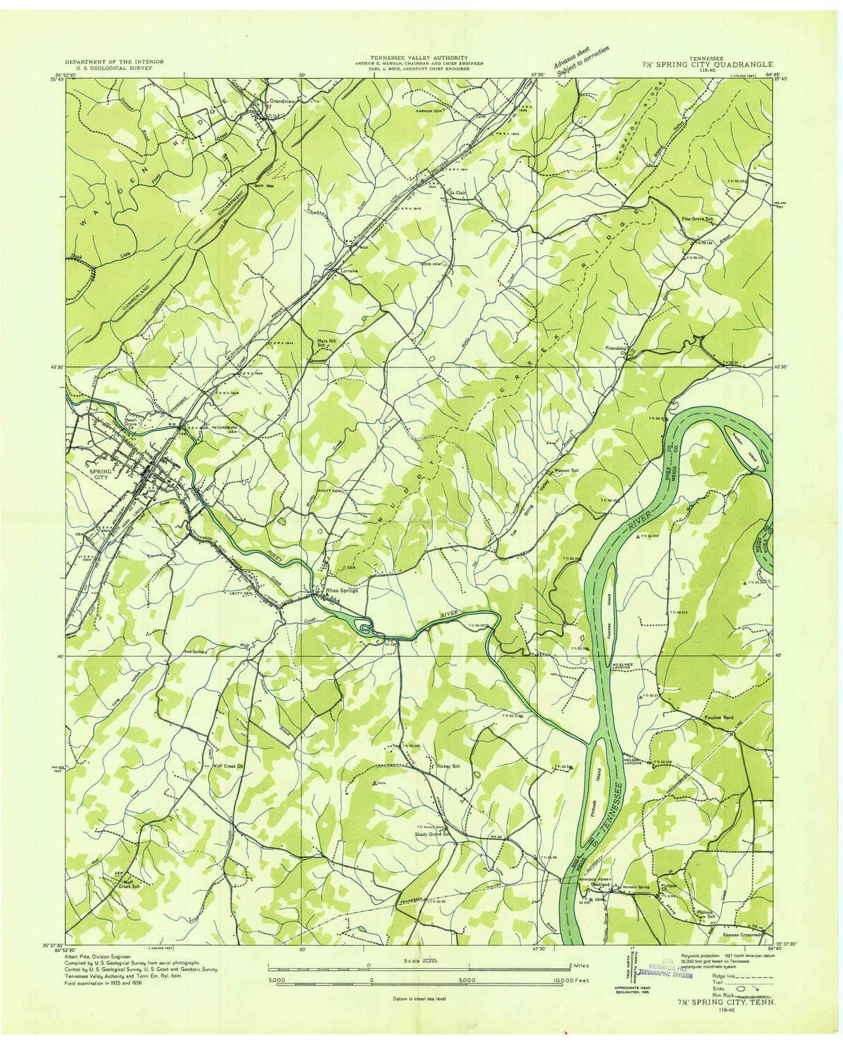 YellowMaps Spring City TN topo map, 1:24000 Scale, 7.5 X 7.5 Minute, Historical, 1936, 27.3 x 22.1 in - Polypropylene
