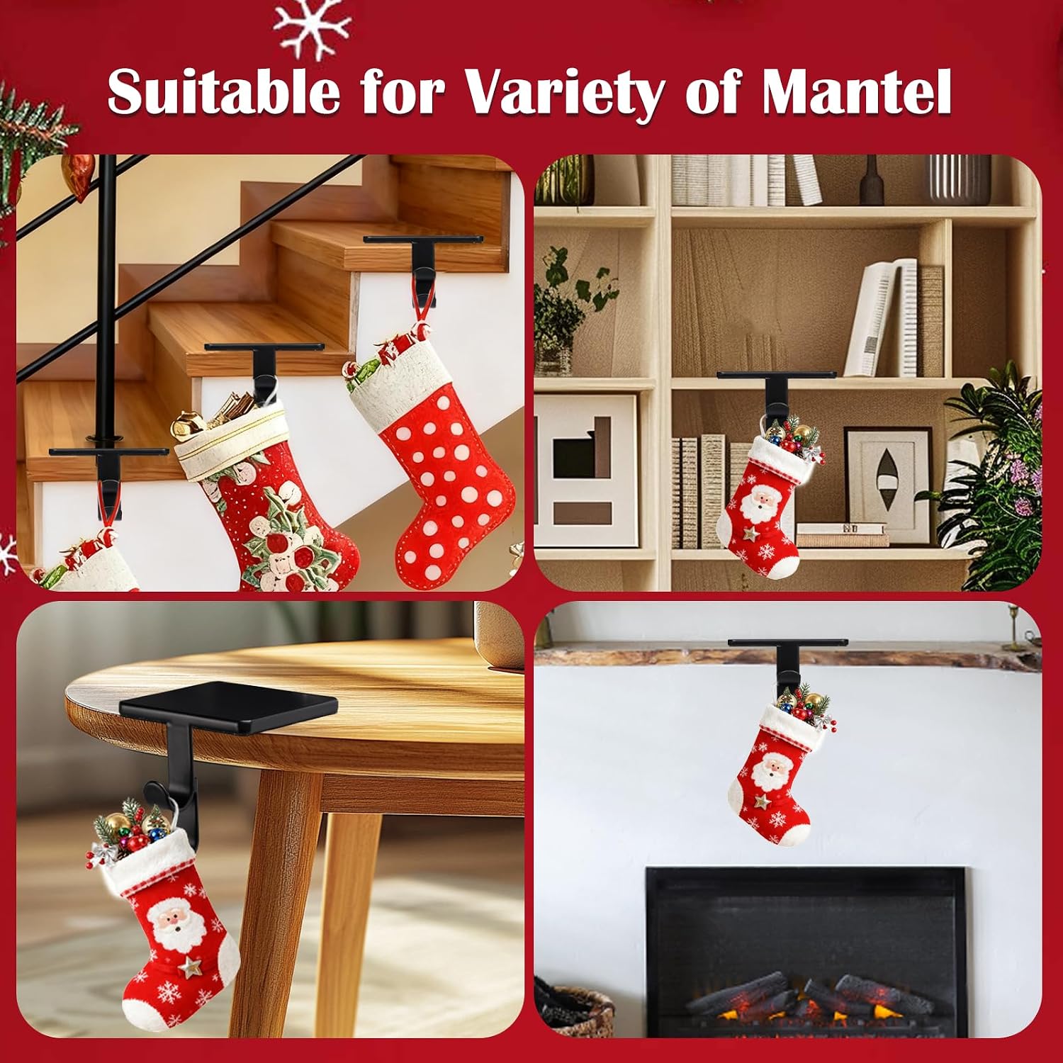 Luvenia 2 in 1 Fireplace Stocking and Garland Hanger，Christmas Ornament Hooks Weighted Metal Hanging Hooks with Non-Slip Protective Pad for Counter Tables Window Holiday Decoration(Black-4 Pack)