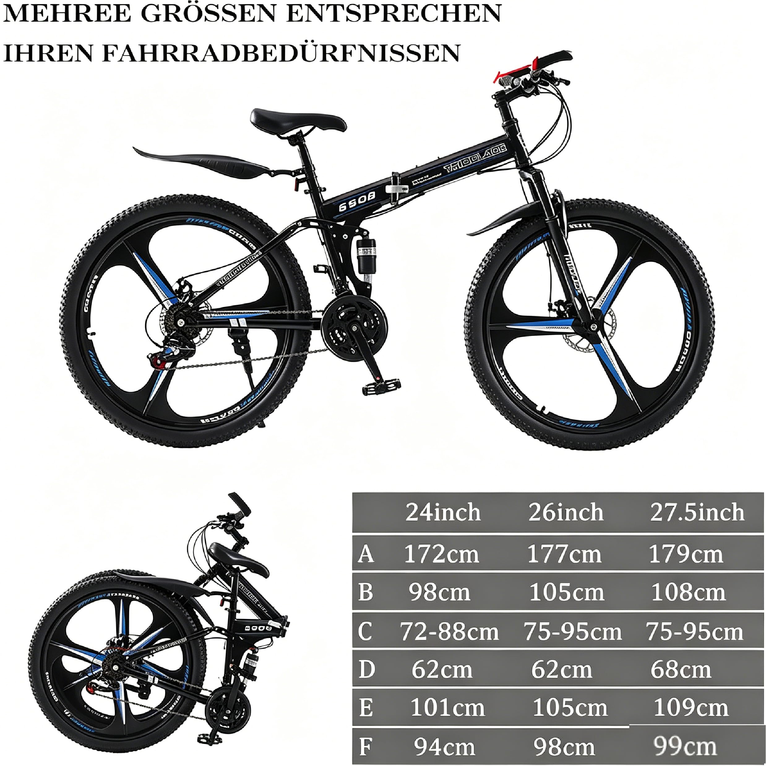 24/26/27.5 Zoll Klappbares Mountainbike, 21 Gänge MTB Fahrrad mit High-Carbon Stahlrahmen, Doppel Scheibenbremsen 21 Gang Schaltung Vollfederung, Herrenrad Damenrad