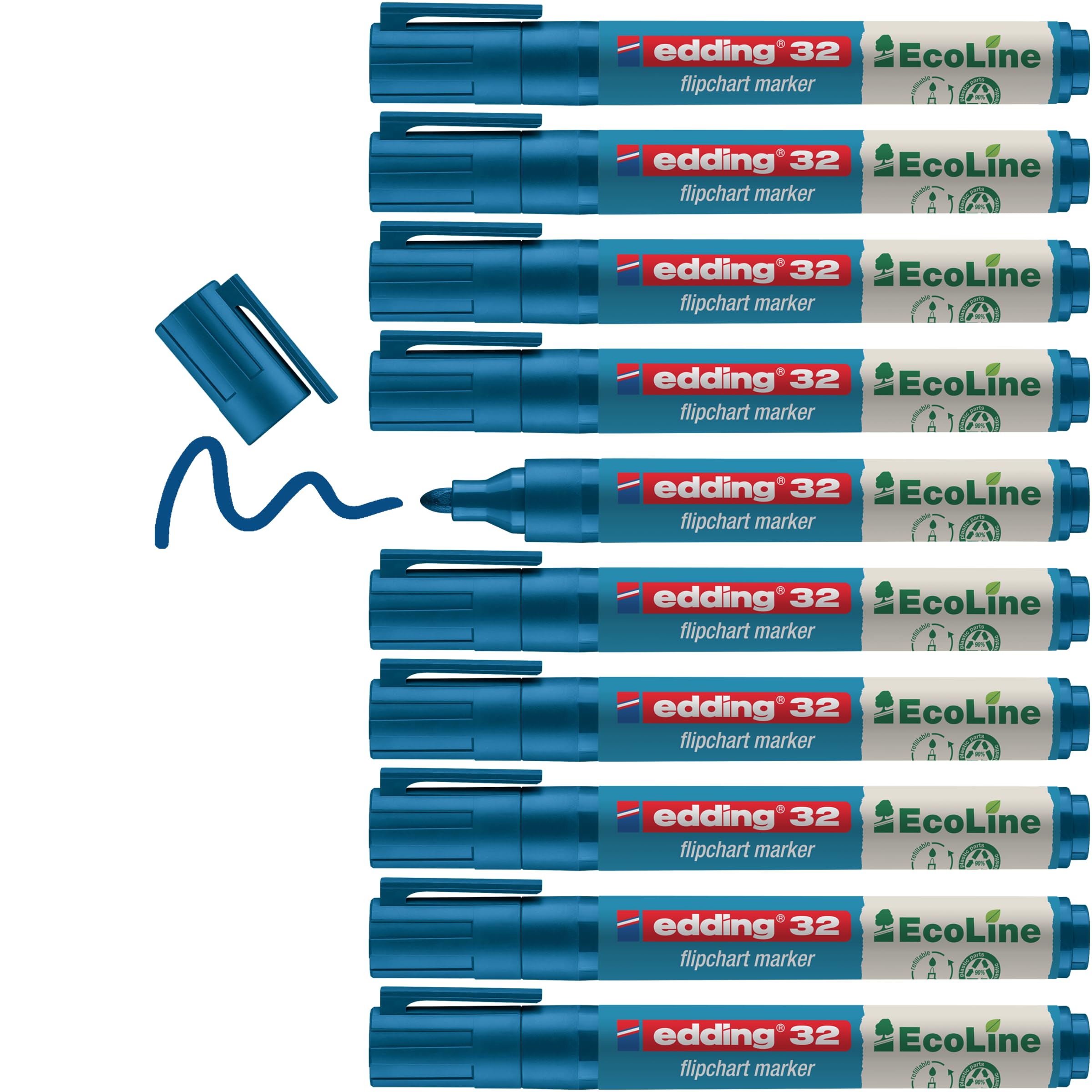 edding 31 Ecoline flipchart Marker - Blue - Box of 10 - Round Nib 1,5-3 mm - Marker for Writing, Drawing on flipchart Paper - Does not Bleed Through - Does not Dry Out - refillable