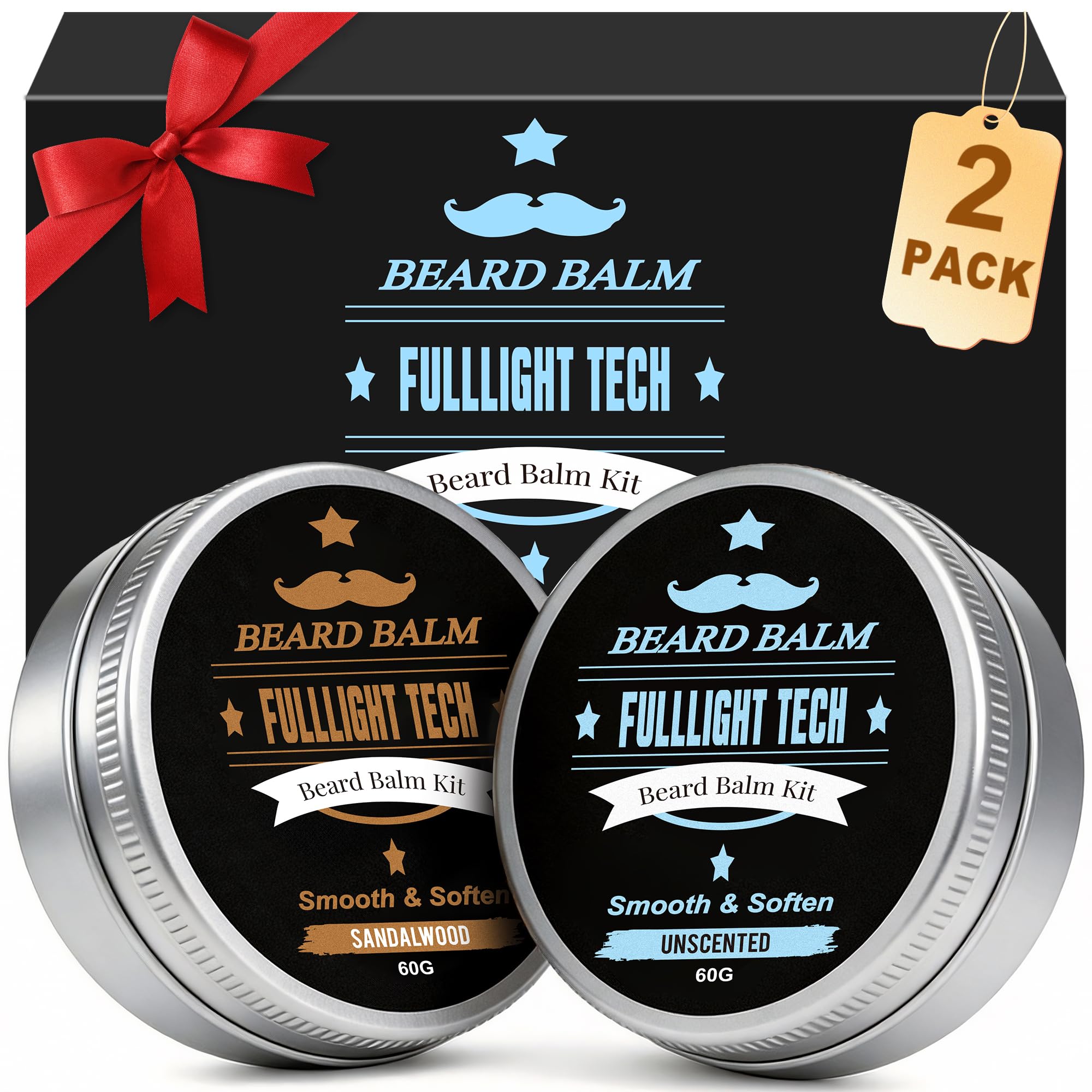 Beard Balm,2 Oz Sandalwood & 2 Oz Unscented Balm -Coconut & Argan & Jojoba Oils,Shea Butter- Styles, Hydrates & Smooths Beards & Mustaches,Beard Styling Balm for Mens Gifts for Men