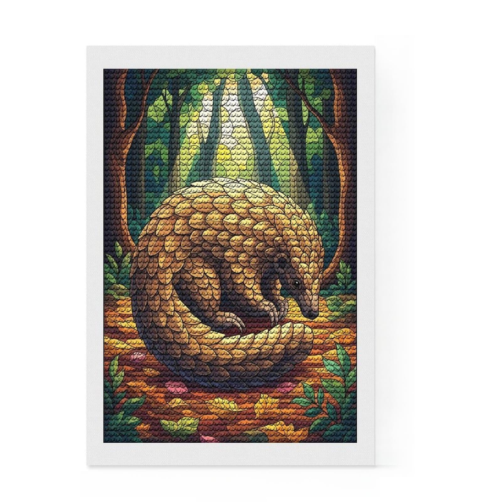 Junmoney Pangolin in Forest Stained Glass Style DIY Diamond Art Canvas Kit 8"x12", Birthday Gift, Vintage Style Decor, for Beginners, Artistic Hobby