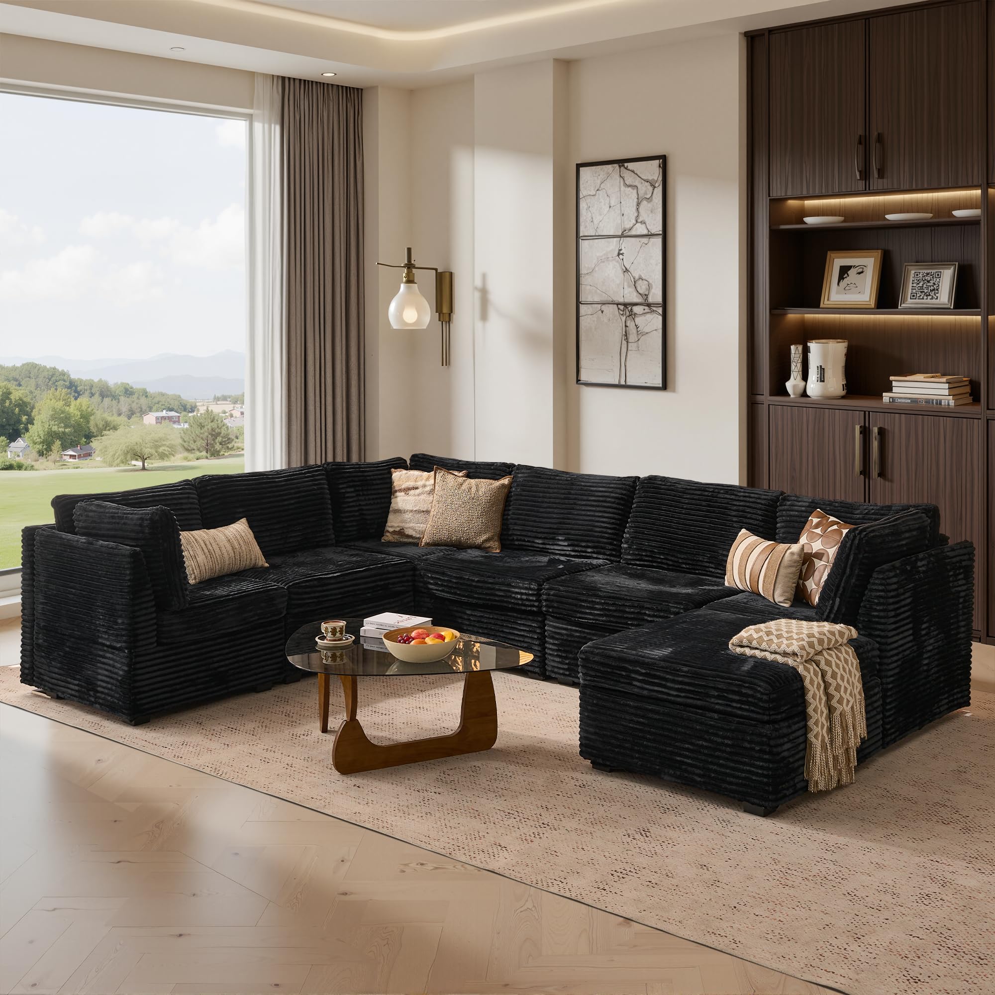 ovios Modular Sectional Sofa Couch with Sofa Bed L-Shape Chaise, Comfy Plush Corduroy Cloud Couches, Modern Deep Seat Sofas Set for Living Room, 7-