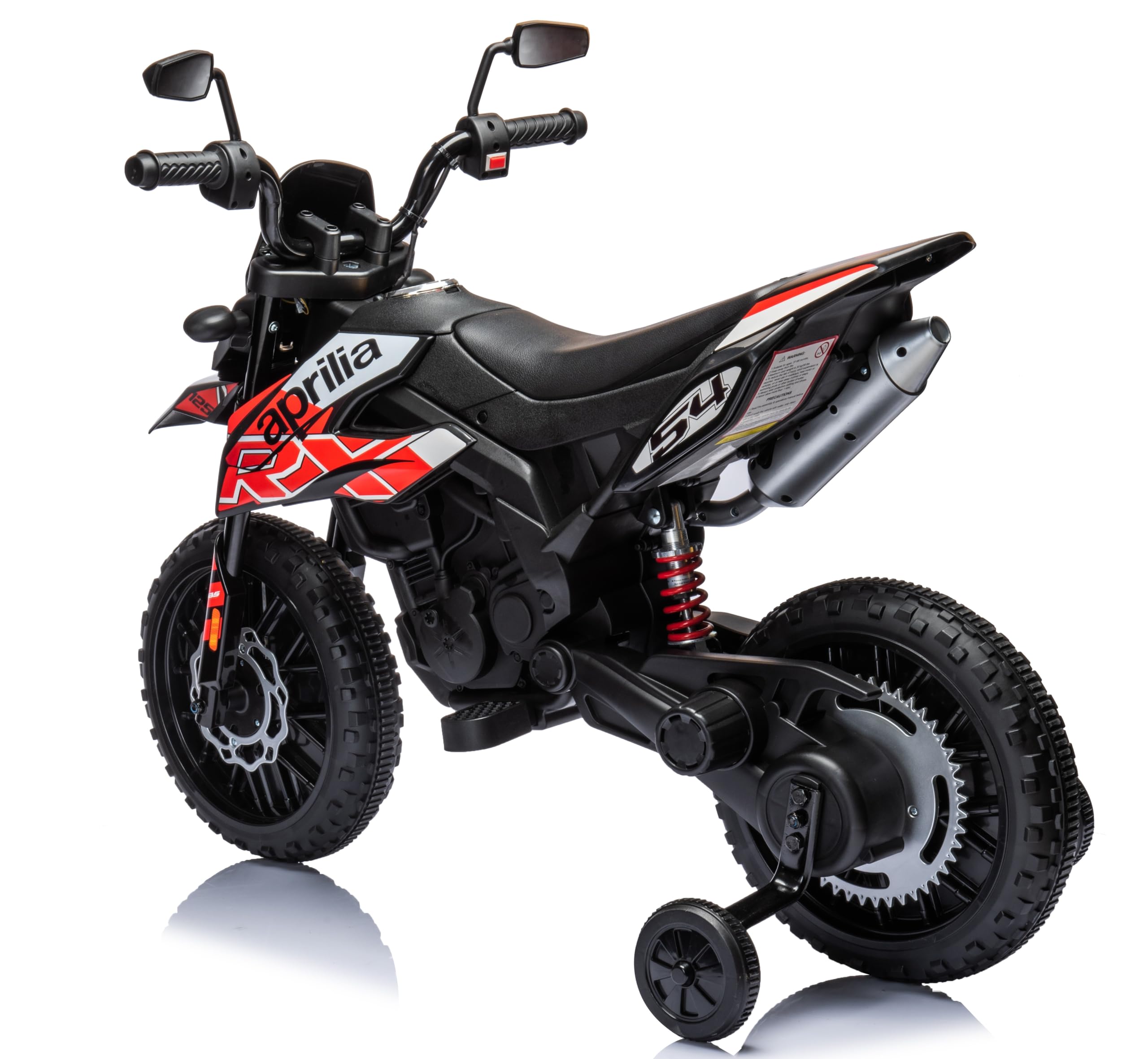 Moto Elettrica per bambini 12V Super Cross Aprilia RX125 con licenza ufficiale Moto da Cross con Ruote in Gomma Sedile in pelle Doppio Motore con Rotelle Luci e Suoni integrati (Rosso)