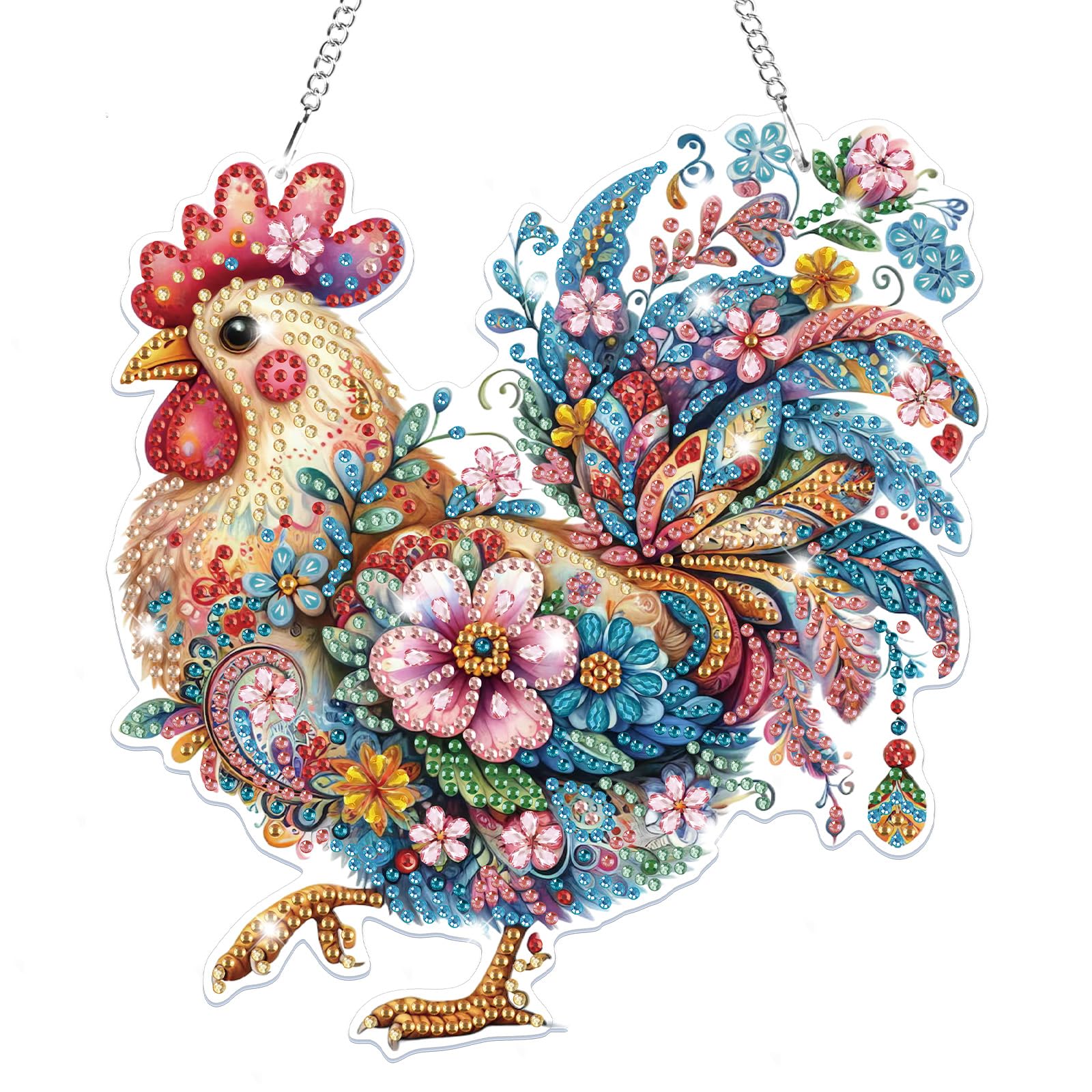 Lxmsja Rooster Diamond Art Hanging Ornaments with Chain for Adults Kids, Special Shaped Diamond Painting Chicken Pendant Kits, Hanging Crystal Suncatcher Gem Art Kits for Home Door Wall Decor Gifts