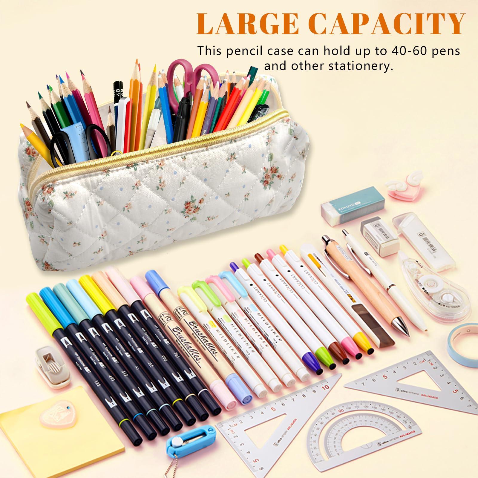 LJCZKA Floral Pencil Case for Girls Women Small Flower Pencil Pouch, Cotton Quilted Makeup Bags for School College Travel - Image 4