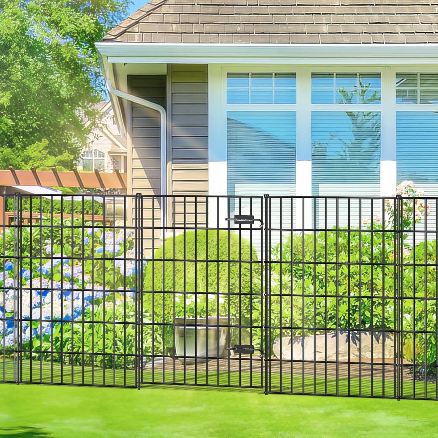 FOREHOGAR Metal Garden Fence with Gate 40in (H) x 23.3ft (L), 1 Gate + 9 Panels Dog Fence Border Fence Animal Barrier, No Dig Garden Fencing for Yard Flower Bed Lawn Patio Outdoor, PIN402810G Black