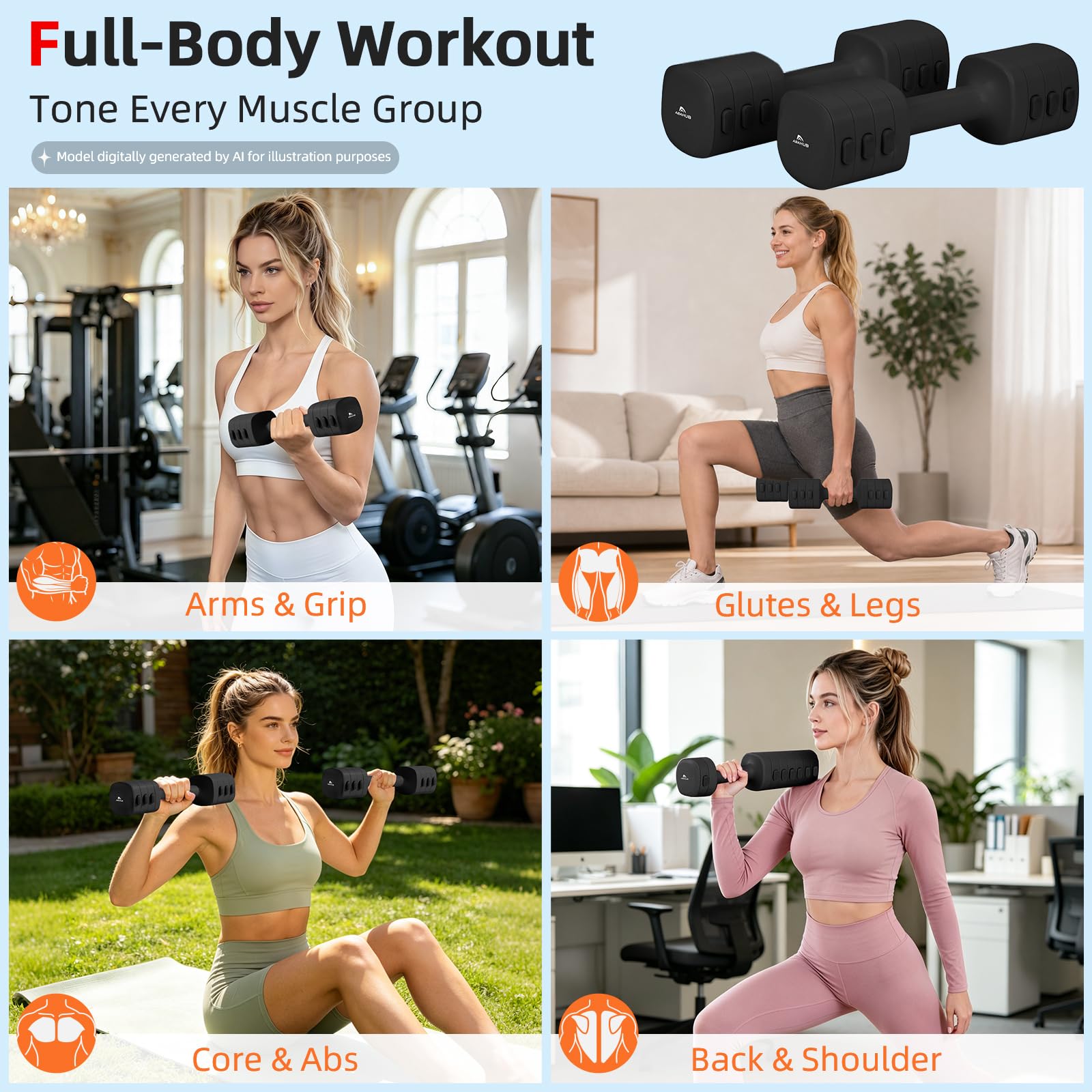 Abahub Zestaw hantli regulowanych, 2,5 kg x 2 pary, hantle fitness, pilates, damskie | 4 w 1 regulowane hantle, ciężarki do siłowni, hantle do codziennego treningu, hantle z szybką regulacją wagi, czarne