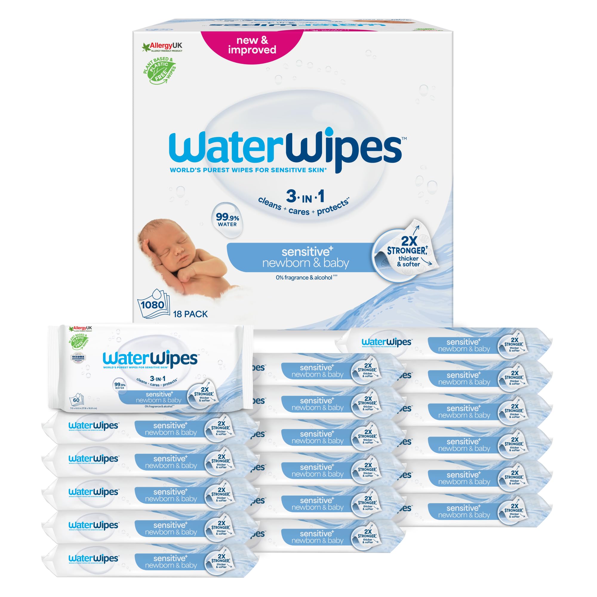 WaterWipes Sensitive+ Newborn & Baby Wipes, 1080 Count (18 Packs), 3-In-1 Cleans, Cares, Protects, 99.9% Water, Unscented